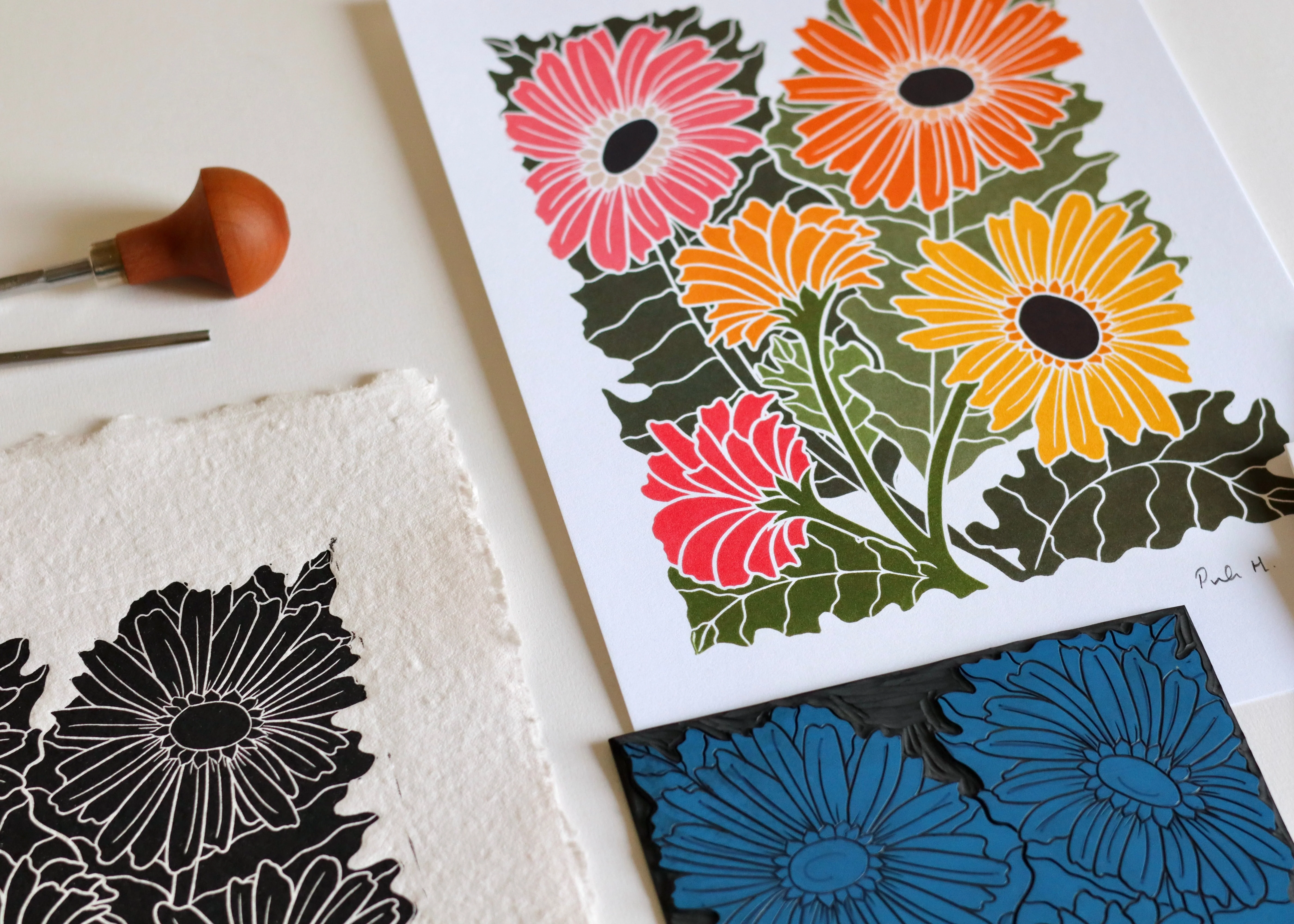 Joy Bloom Gerbera Daisy Linocut | A5 or A4 Art Print on Cotton Paper - Image 2