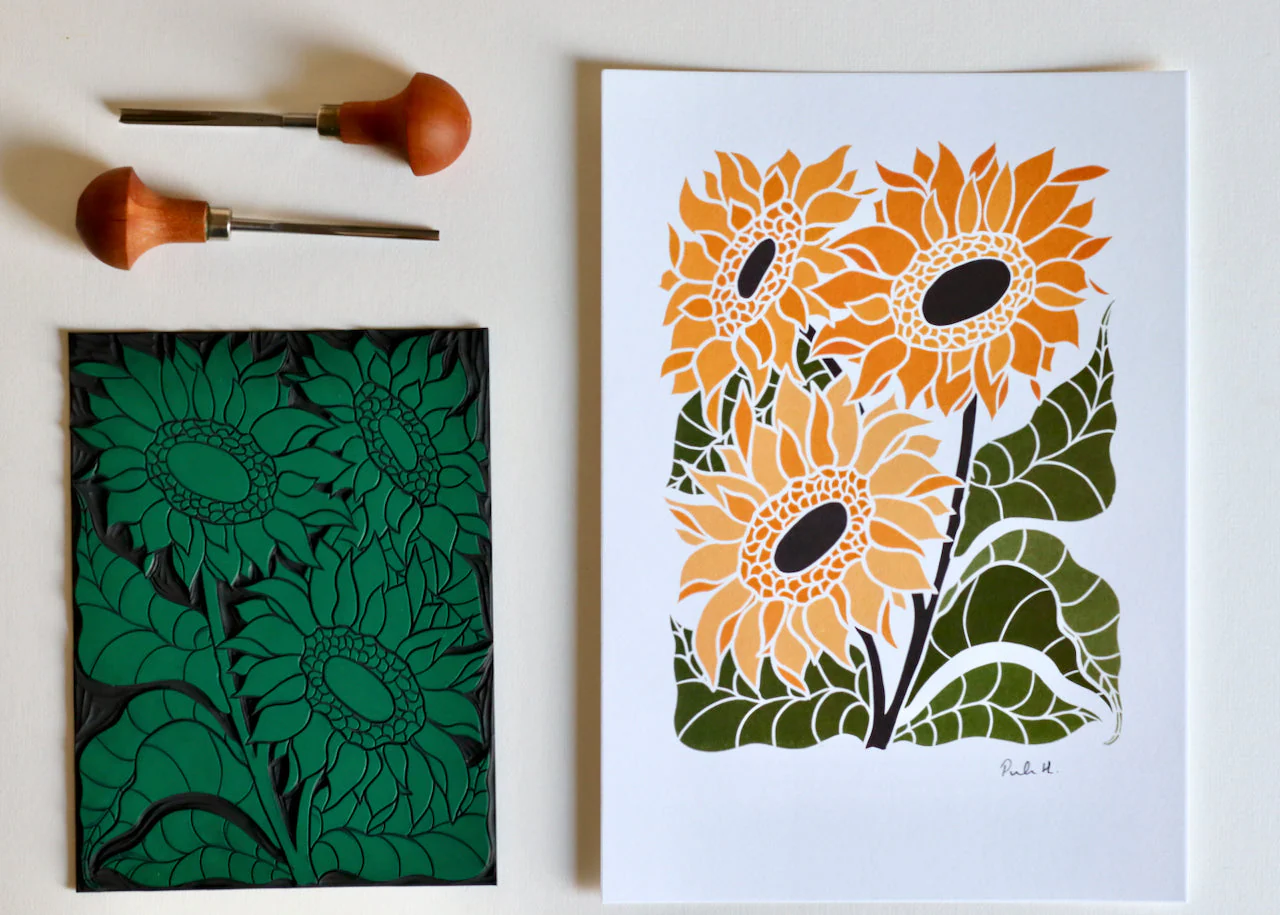 Joy Bloom Sunflowers Linocut | A5 or A4 Art Print on Cotton Paper - Image 2