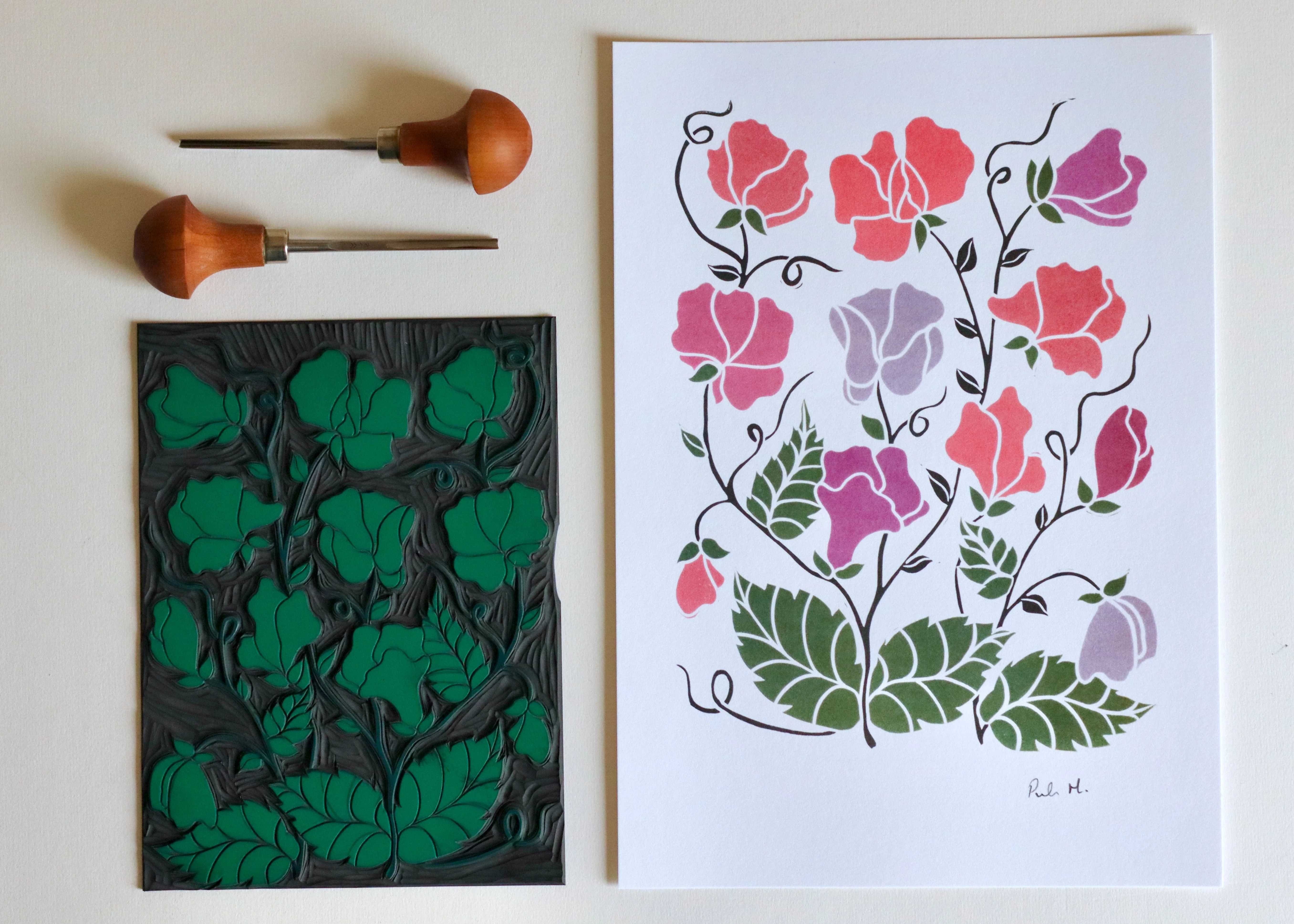 Joy Bloom Sweet Peas Linocut | A5 or A4 Art Print on Cotton Paper - Image 2