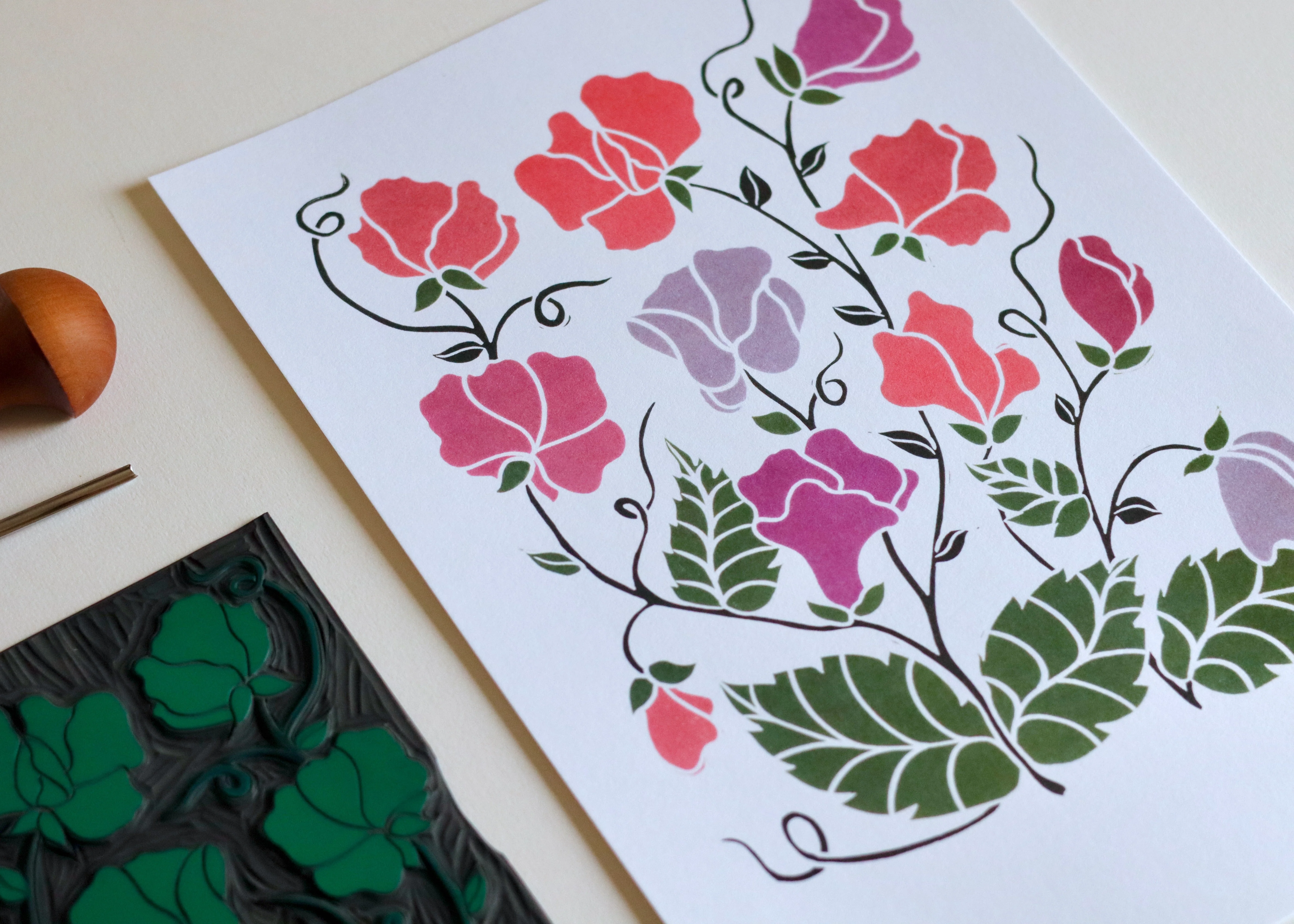 Joy Bloom Sweet Peas Linocut | A5 or A4 Art Print on Cotton Paper - Image 3