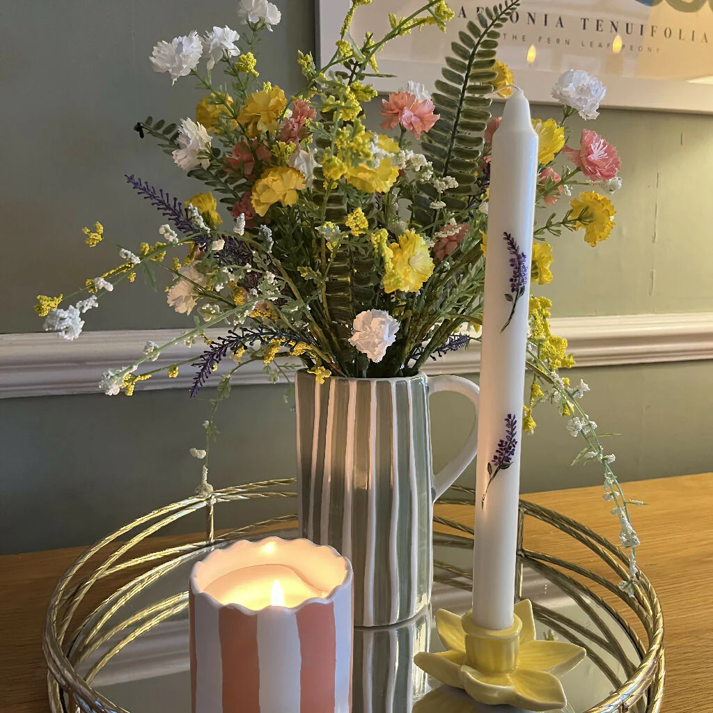 July Birth Flower Candle - Hand Painted Purple Larkspur Candle with Gold Coloured Metal Holder