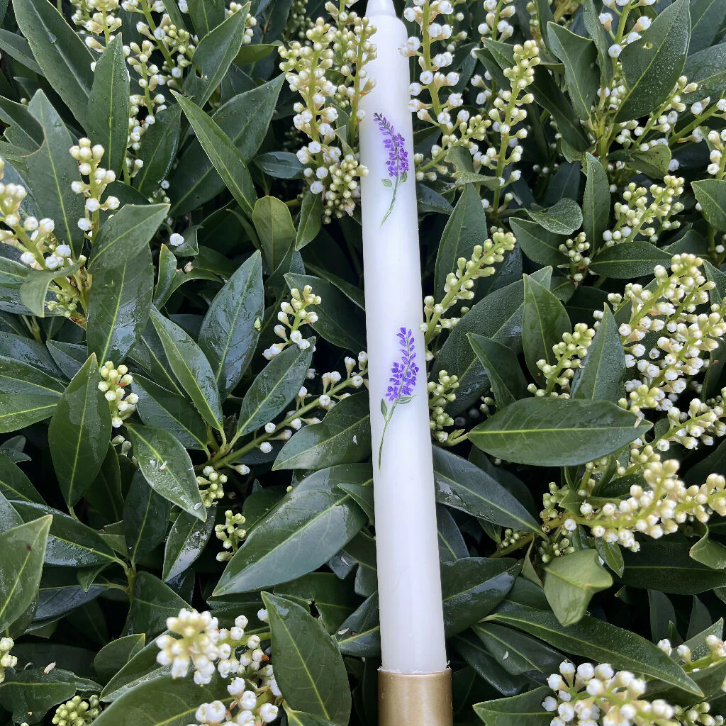 July Birth Flower Candle - Hand Painted Purple Larkspur Candle with Gold Coloured Metal Holder - Image 2