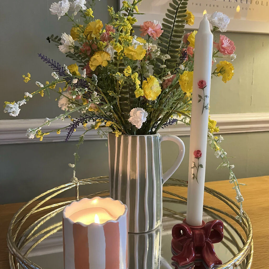 June Birth Flower Candle - Hand Painted Rose Candle with Gold Metal Holder