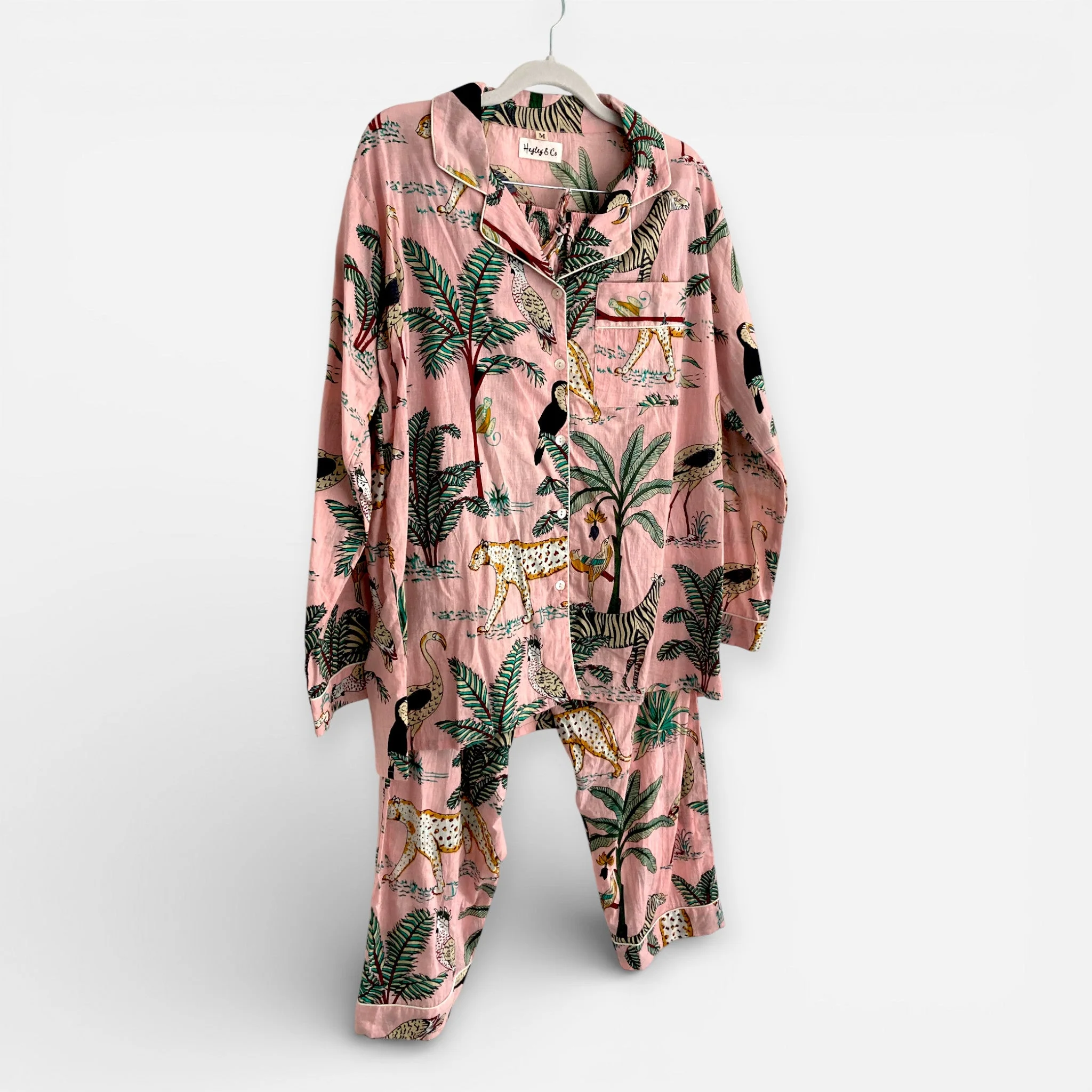 Jungle Print 100% Cotton Long Pyjama Set in Pale Pink - Image 2
