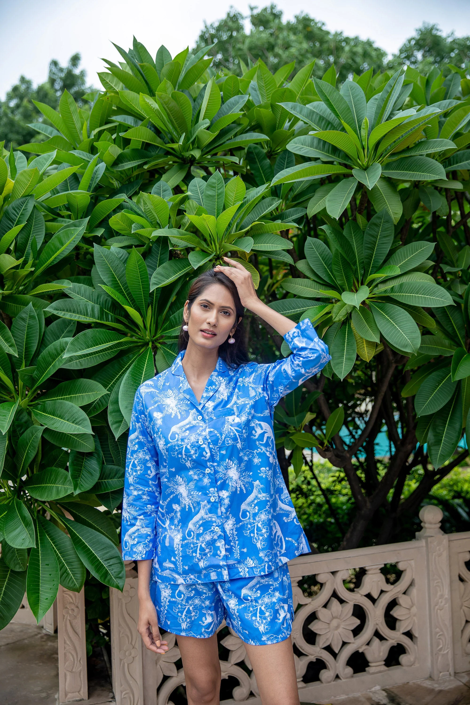 Jungle Print Cotton Poplin Shorts PJ Set - Blue - Image 3