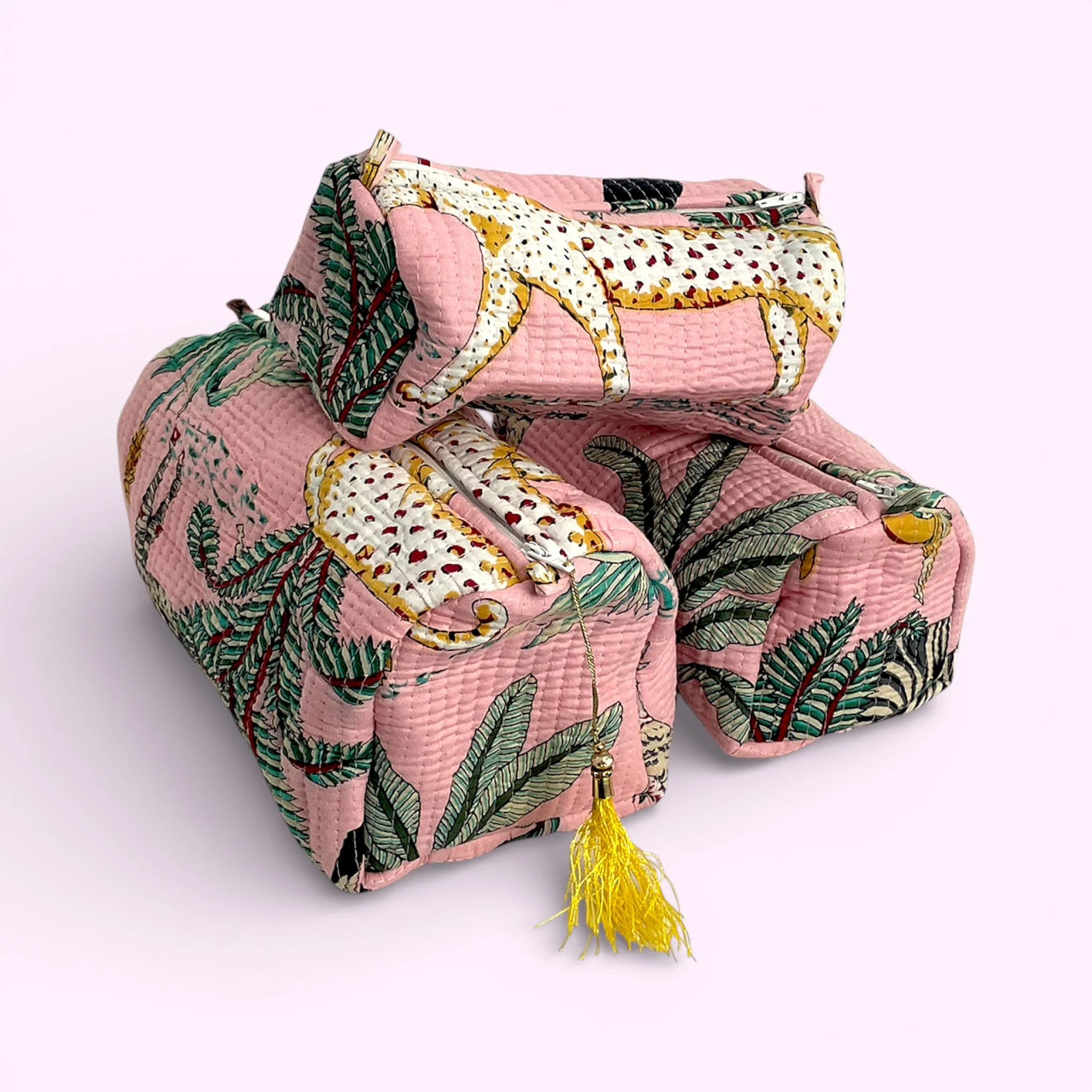 Jungle Print Cotton Washbag, Make Up Bag, Pencil Case with Waterproof Lining - Jungle Animal Print in Pink - Image 2