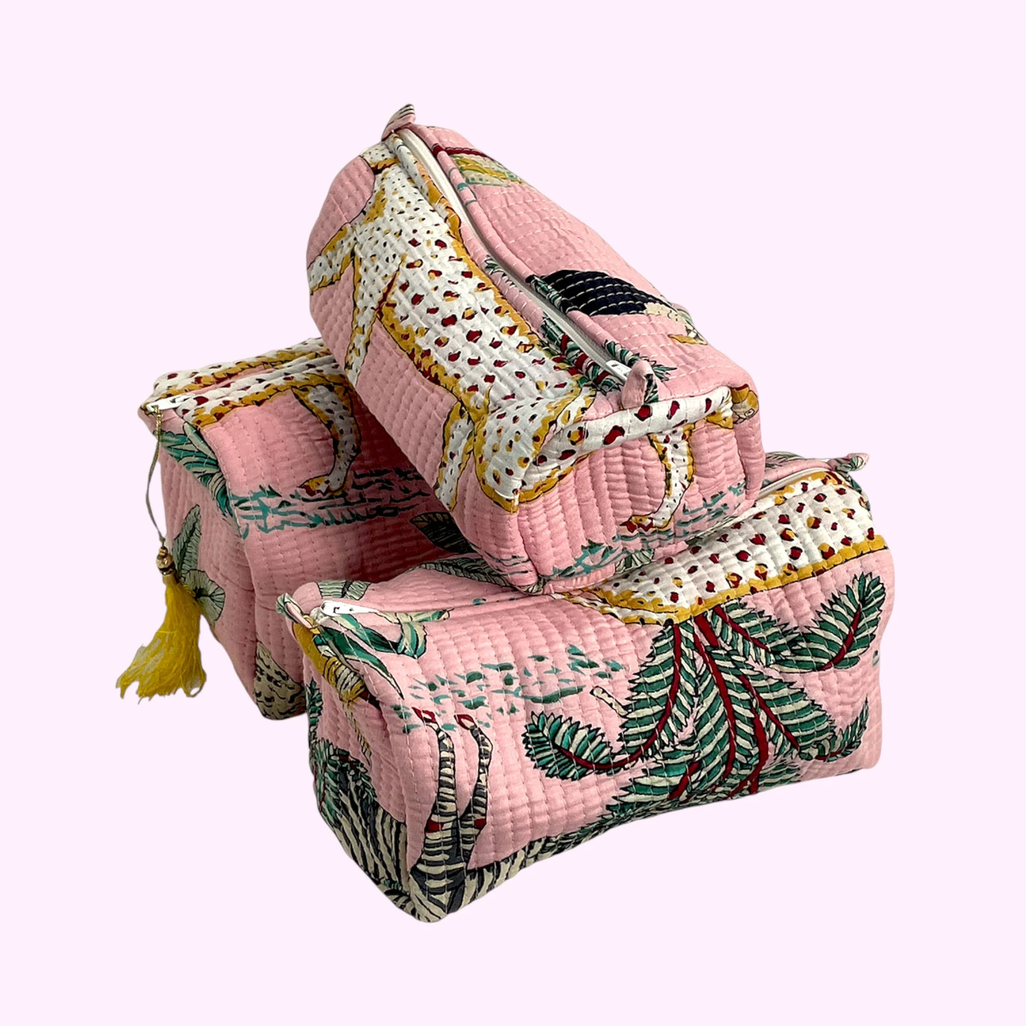 Jungle Print Cotton Washbag, Make Up Bag, Pencil Case with Waterproof Lining - Jungle Animal Print in Pink - Image 5