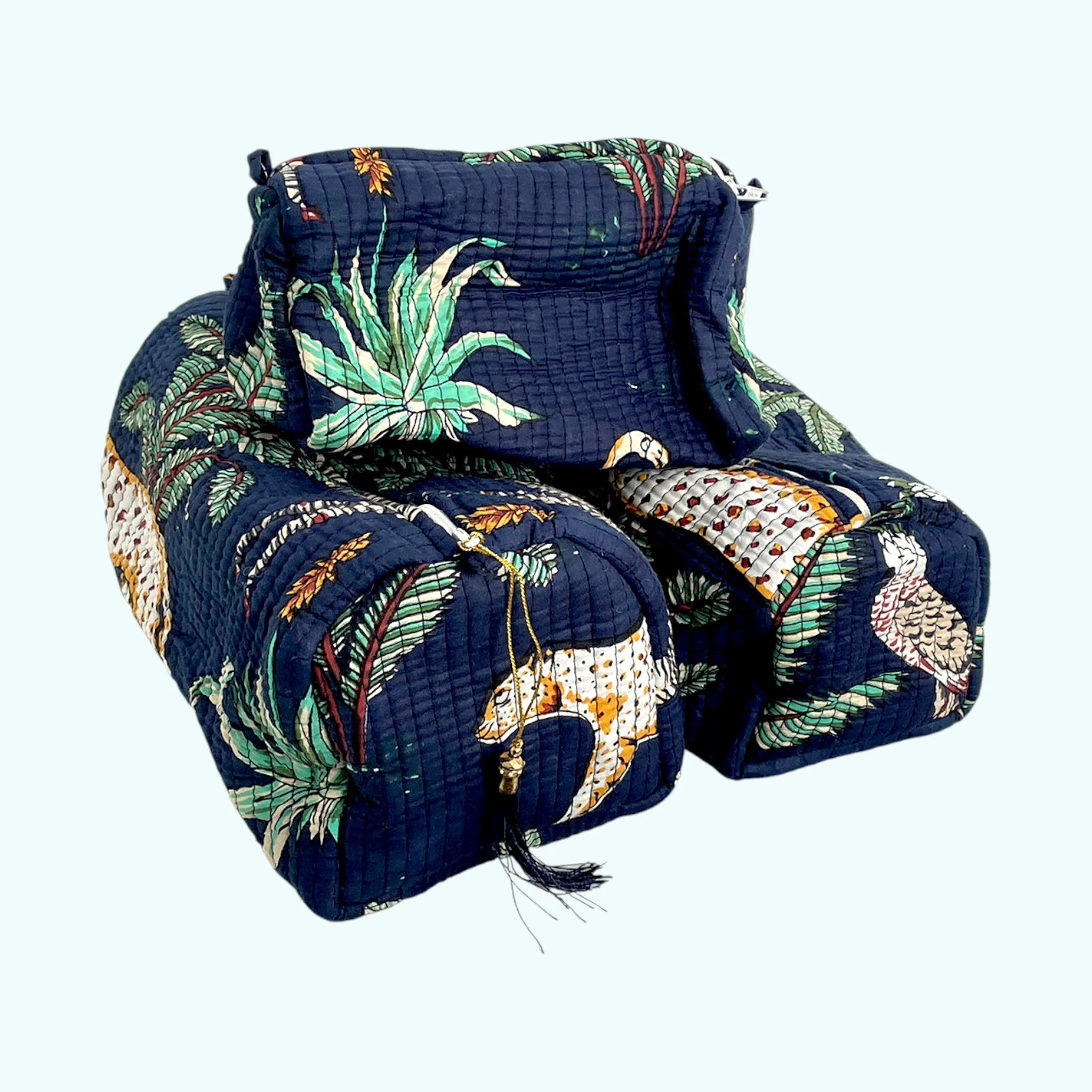 Jungle Print Cotton Washbag, Make Up Bag, Pencil Case with Waterproof Lining - Navy Blue - Image 3