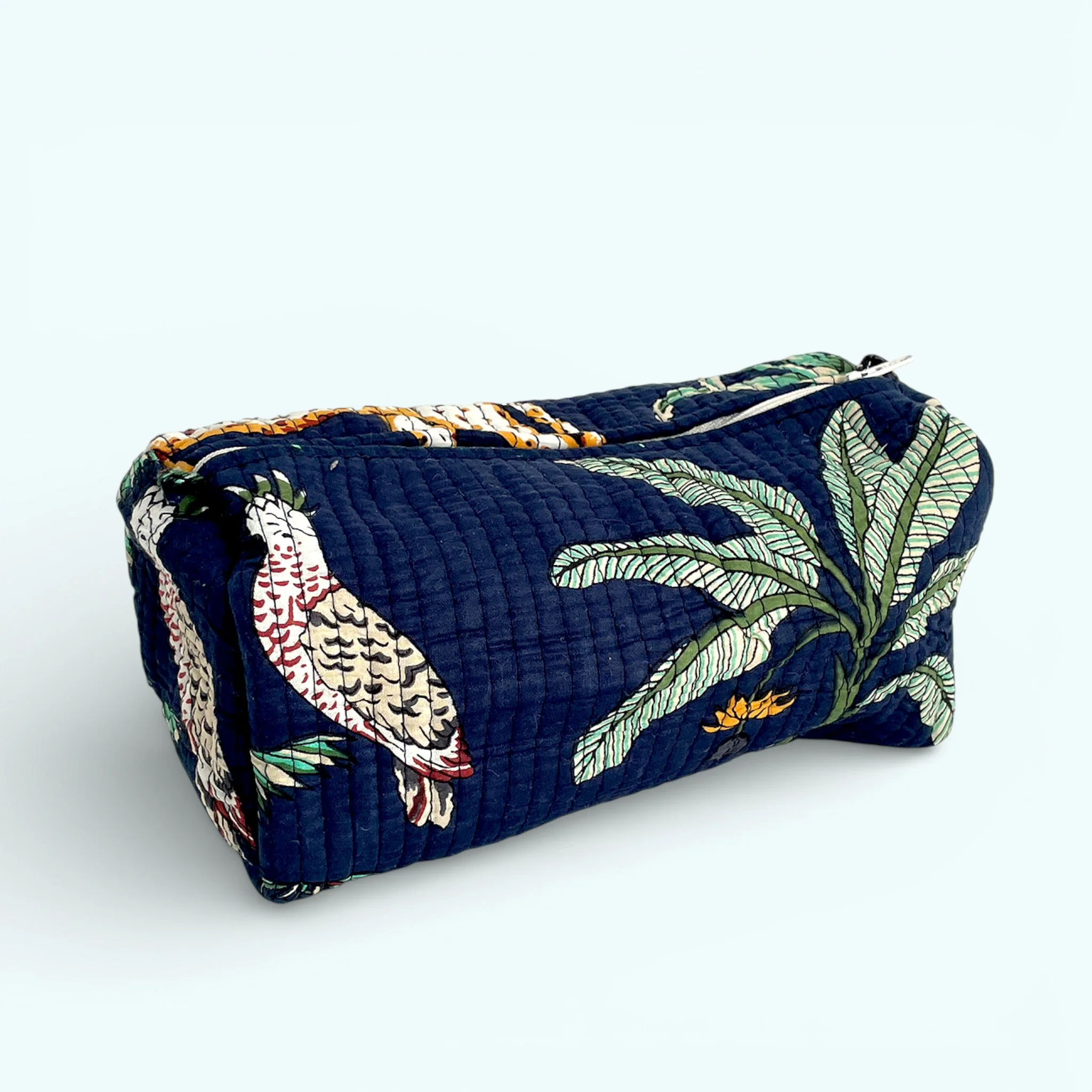 Jungle Print Cotton Washbag, Make Up Bag, Pencil Case with Waterproof Lining - Navy Blue - Image 4