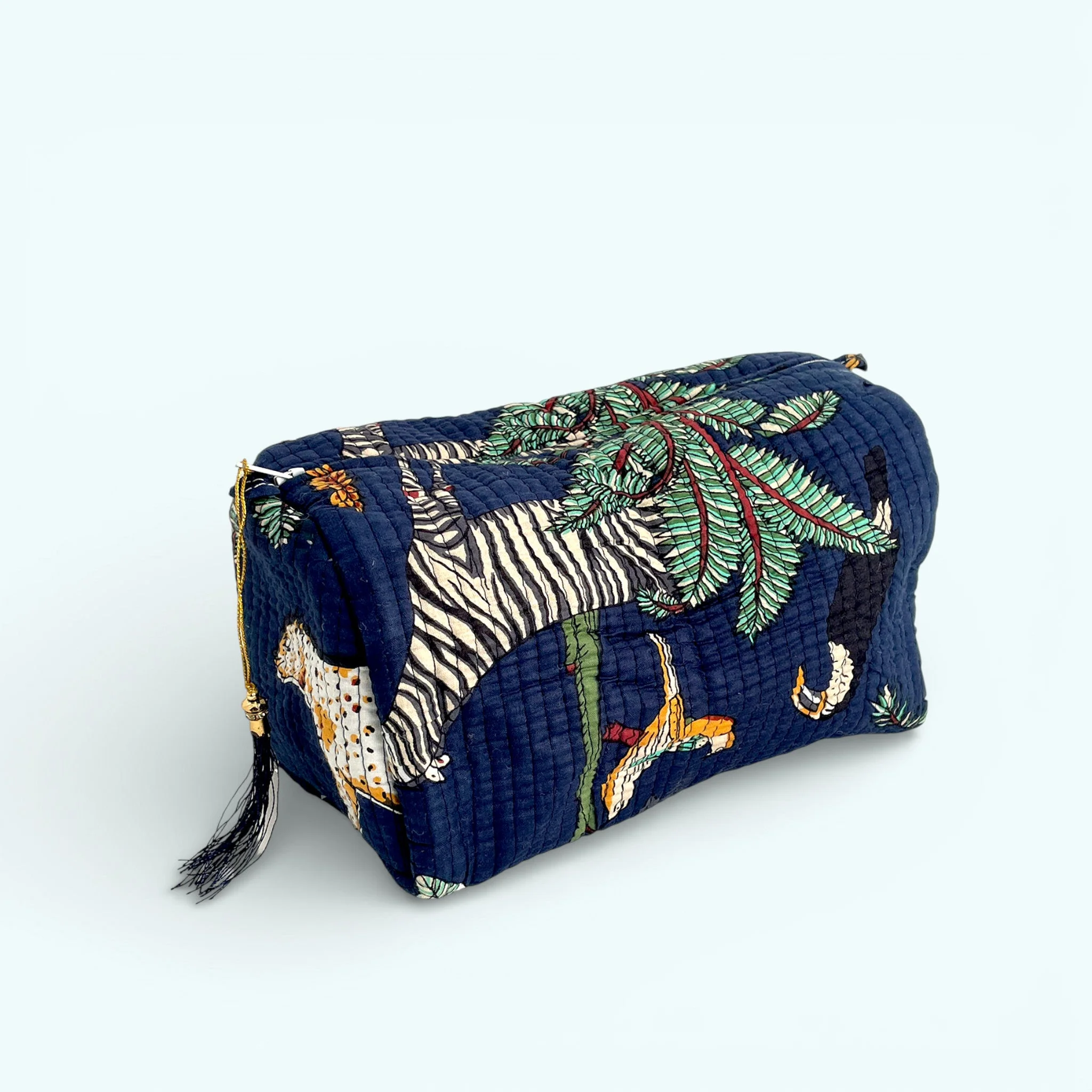 Jungle Print Cotton Washbag, Make Up Bag, Pencil Case with Waterproof Lining - Navy Blue - Image 5