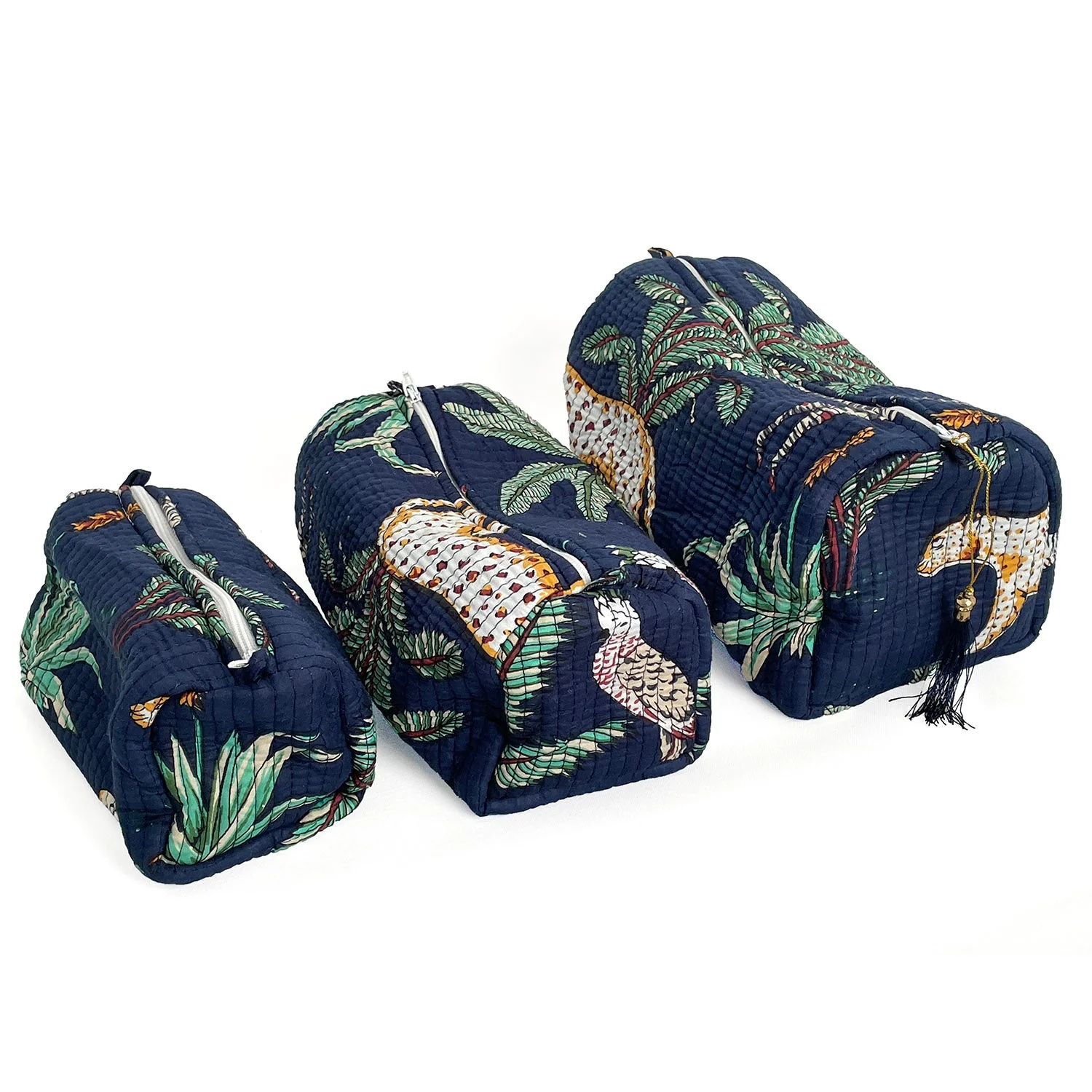 Jungle Print Cotton Washbag, Make Up Bag, Pencil Case with Waterproof Lining - Navy Blue - Image 6