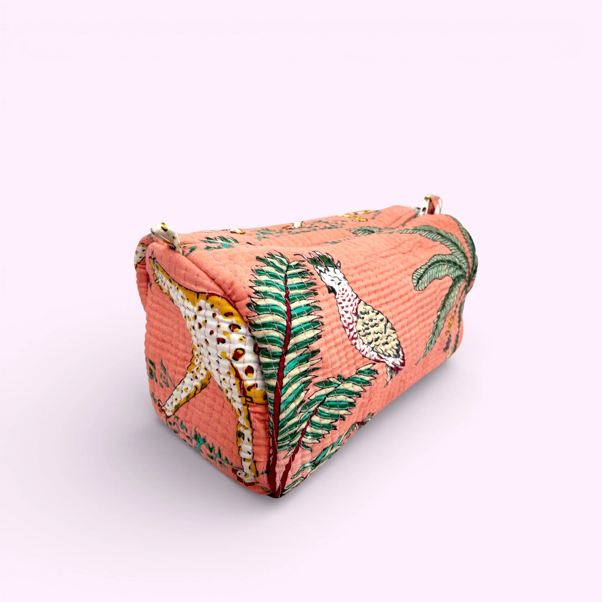 Jungle Print Cotton Washbag, Make Up Bag, Pencil Case with Waterproof Lining - Jungle Animal Print in Peach