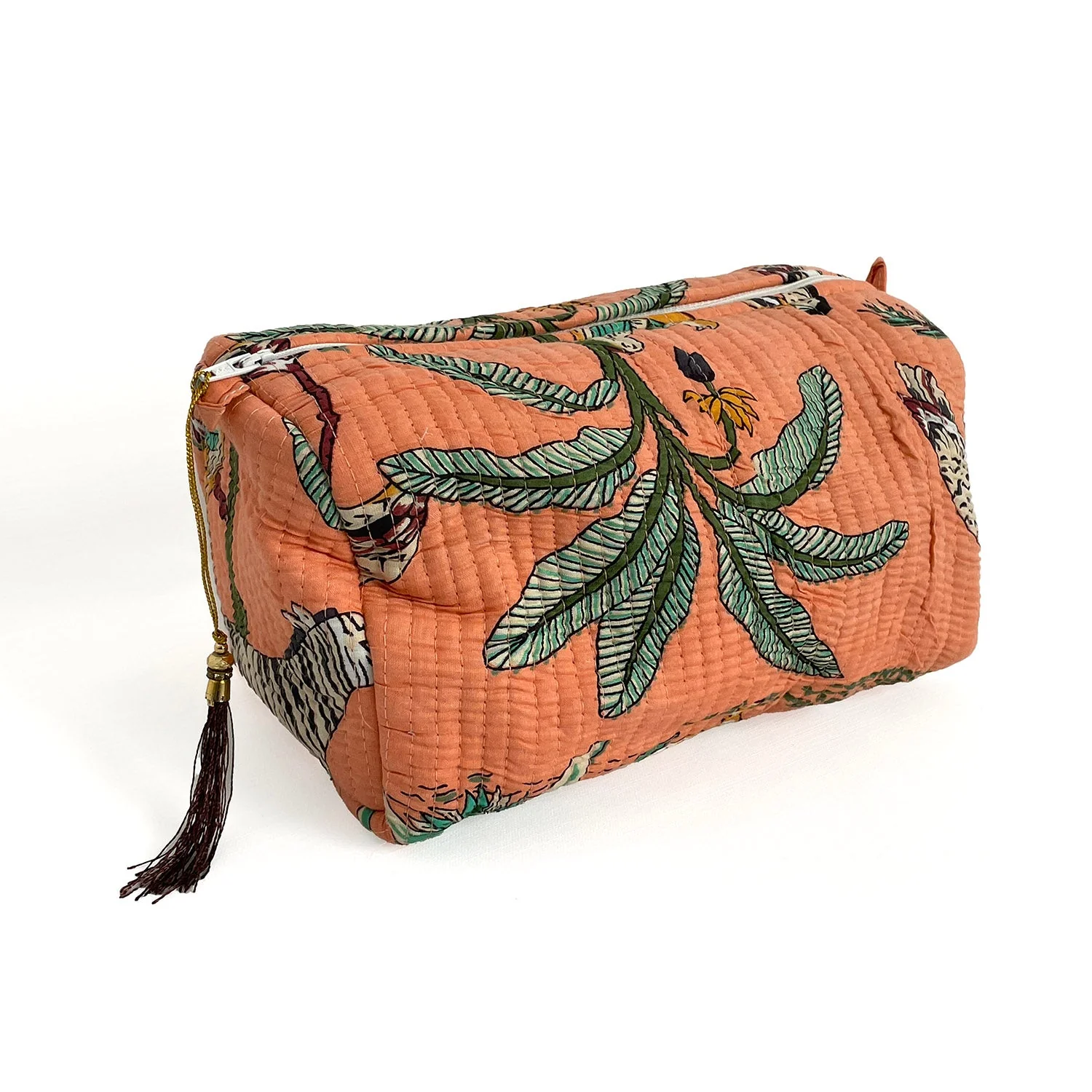 Jungle Print Cotton Washbag, Make Up Bag, Pencil Case with Waterproof Lining - Jungle Animal Print in Peach - Image 7