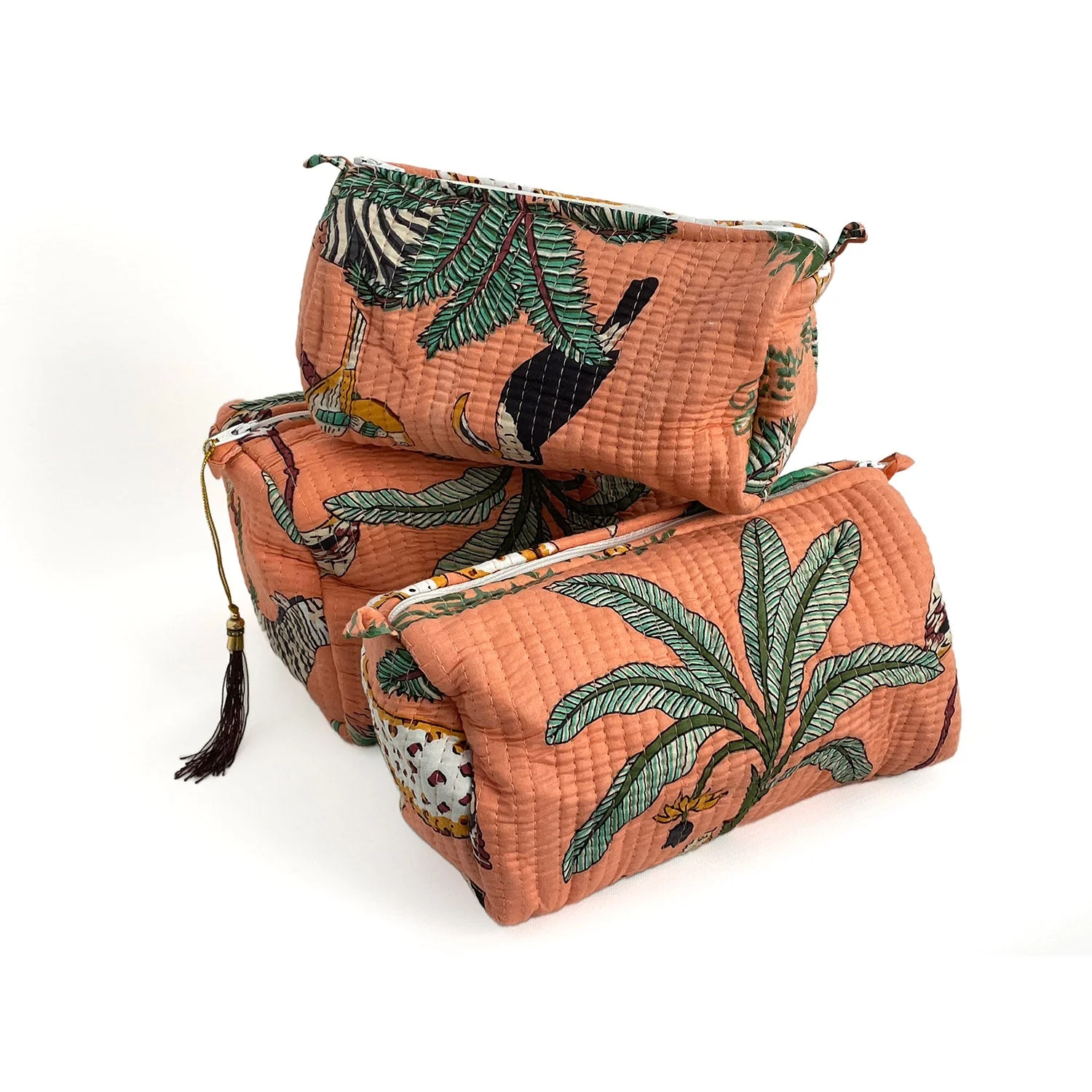 Jungle Print Cotton Washbag, Make Up Bag, Pencil Case with Waterproof Lining - Jungle Animal Print in Peach - Image 8