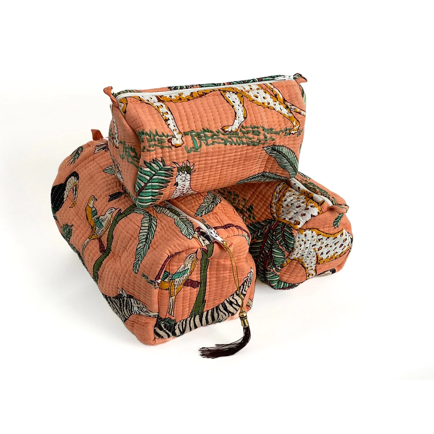 Jungle Print Cotton Washbag, Make Up Bag, Pencil Case with Waterproof Lining - Jungle Animal Print in Peach - Image 9