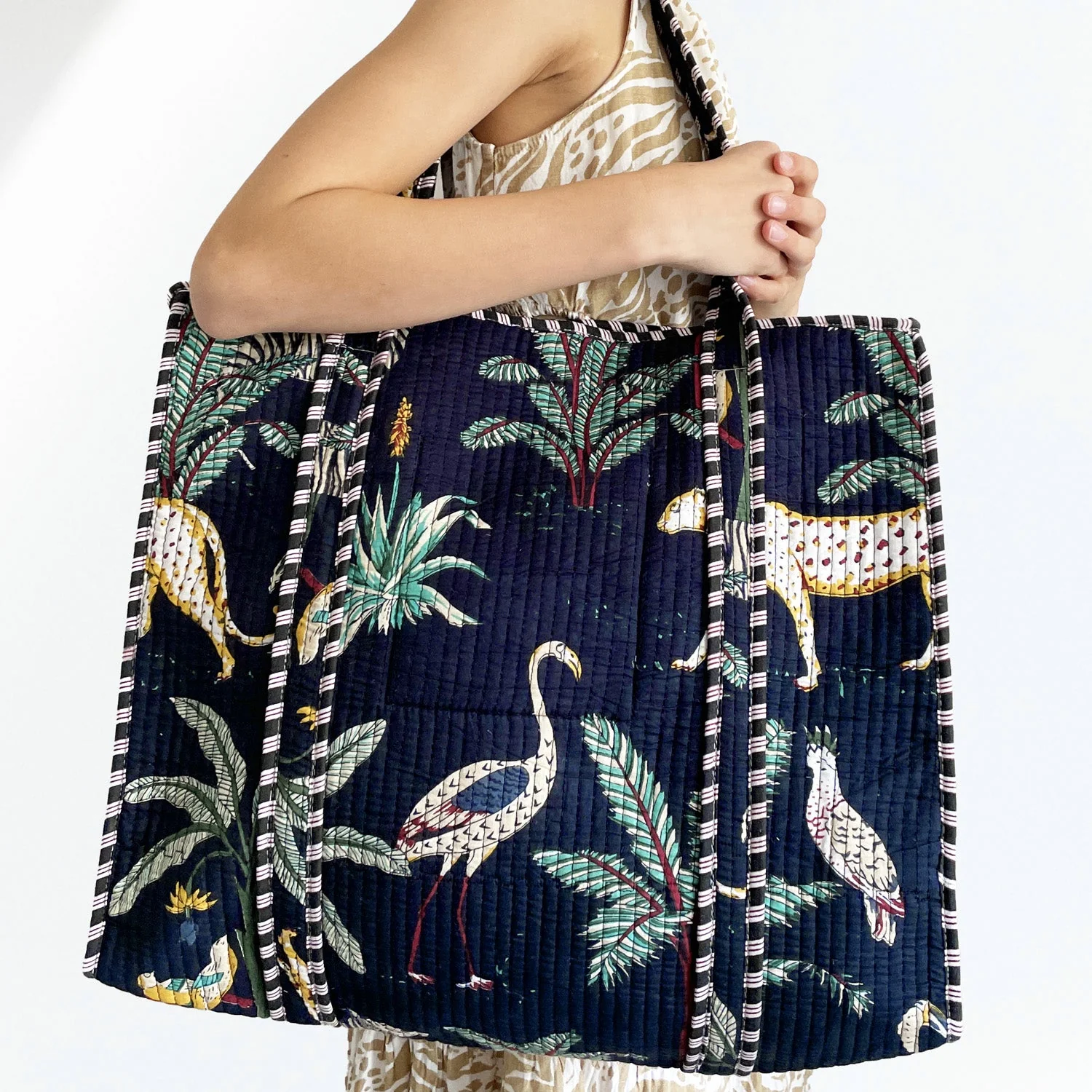Jungle Print Large Quilted Cotton Tote Shoulder Bag in Navy Blue
