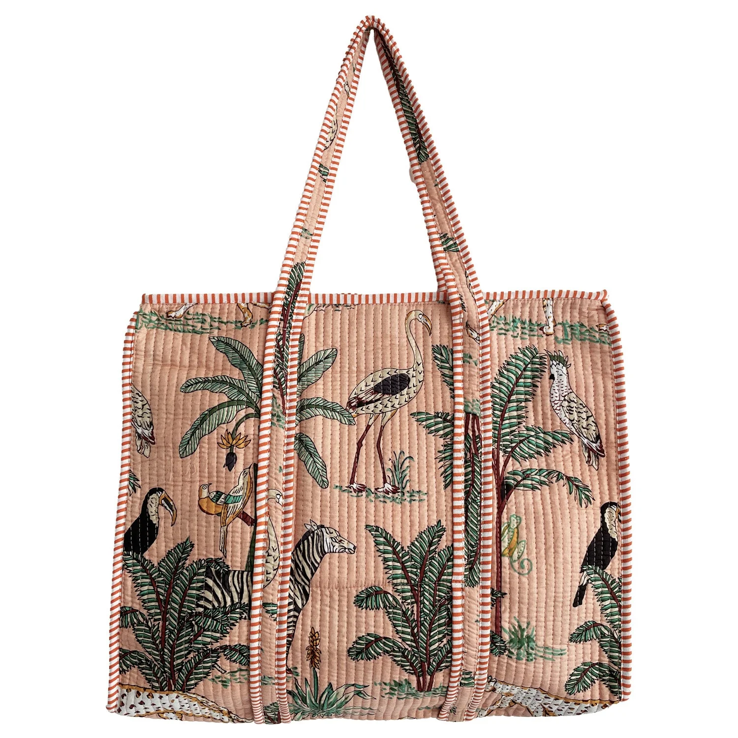 Jungle Print Large Quilted Cotton Tote Shoulder Bag in Peach - Image 4