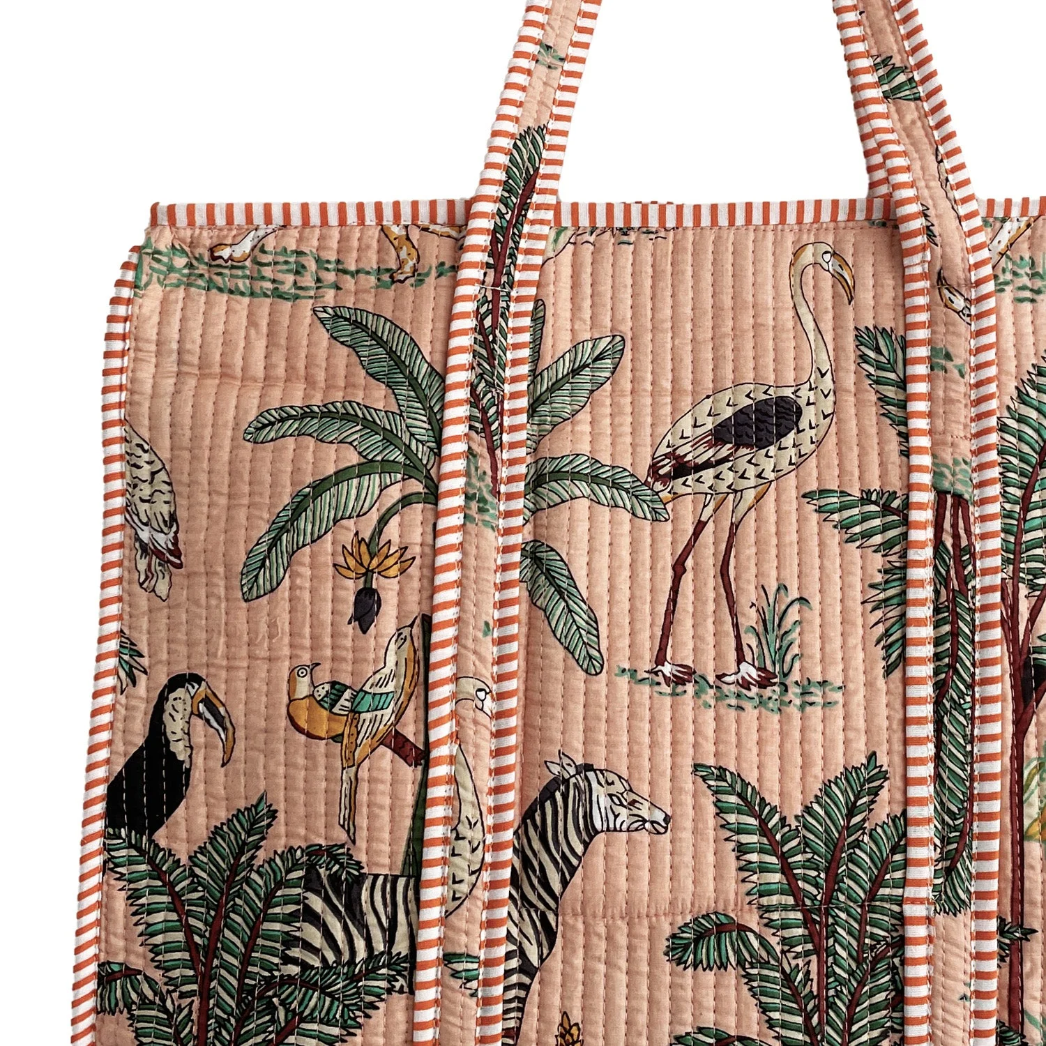 Jungle Print Large Quilted Cotton Tote Shoulder Bag in Peach - Image 6