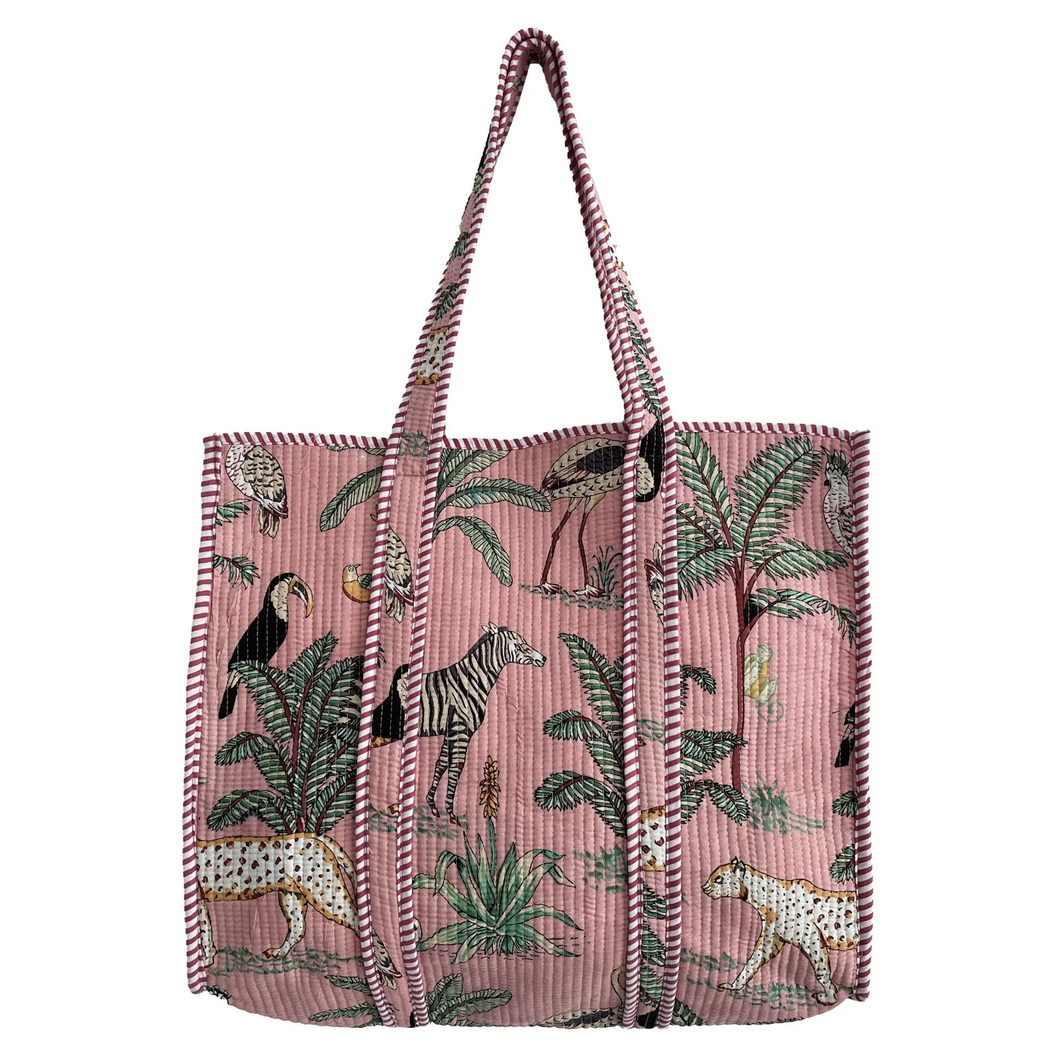 Jungle Print Large Quilted Cotton Tote Shoulder Bag in Pink - Image 2