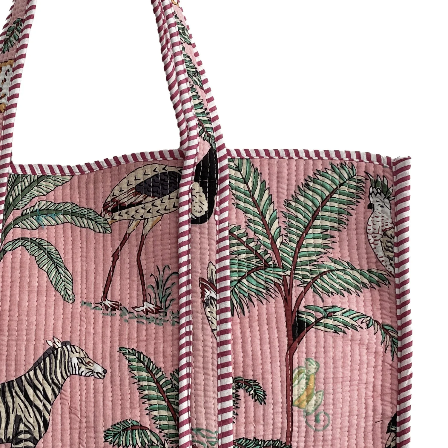Jungle Print Large Quilted Cotton Tote Shoulder Bag in Pink - Image 6