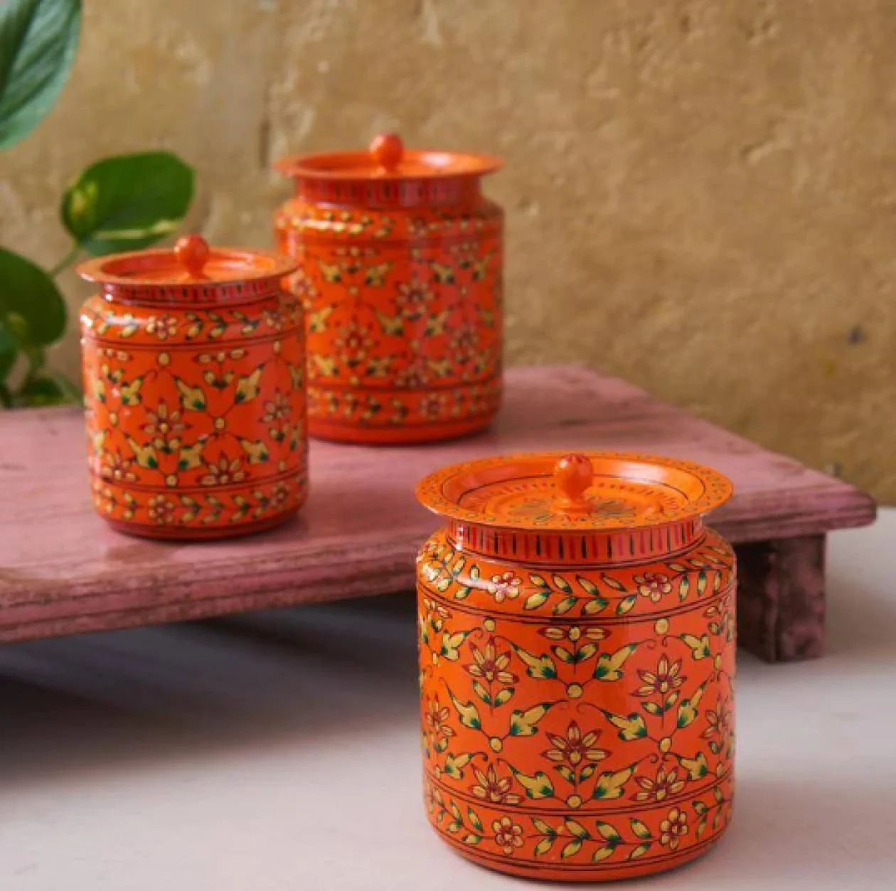 Kitchen Storage Steel Containers - Orange & Flower Pattern - Image 2