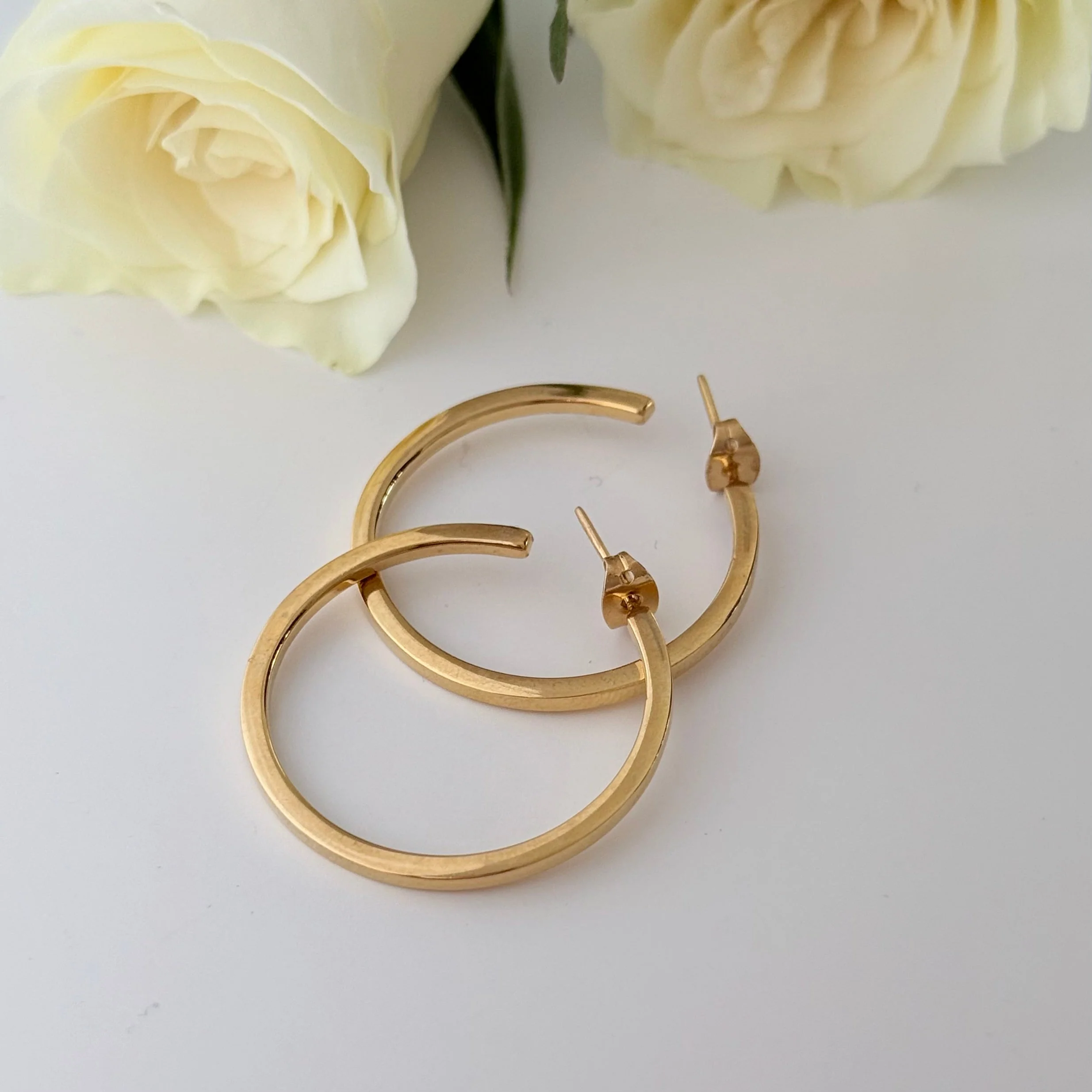Large 18k Gold Plated Sterling Silver Hoops with a Square Edge - Image 5