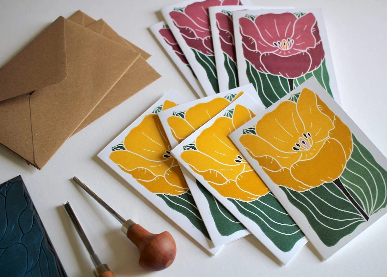 Large Colourful Yellow & Purple Tulip Flower Cards | Set of 8 Notecards & Envelopes