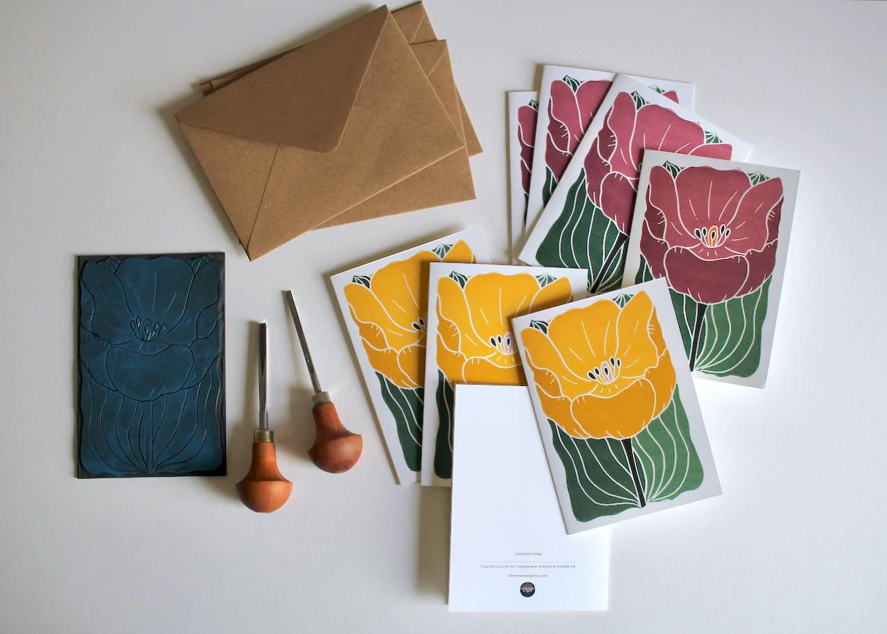 Large Colourful Yellow & Purple Tulip Flower Cards | Set of 8 Notecards & Envelopes - Image 2