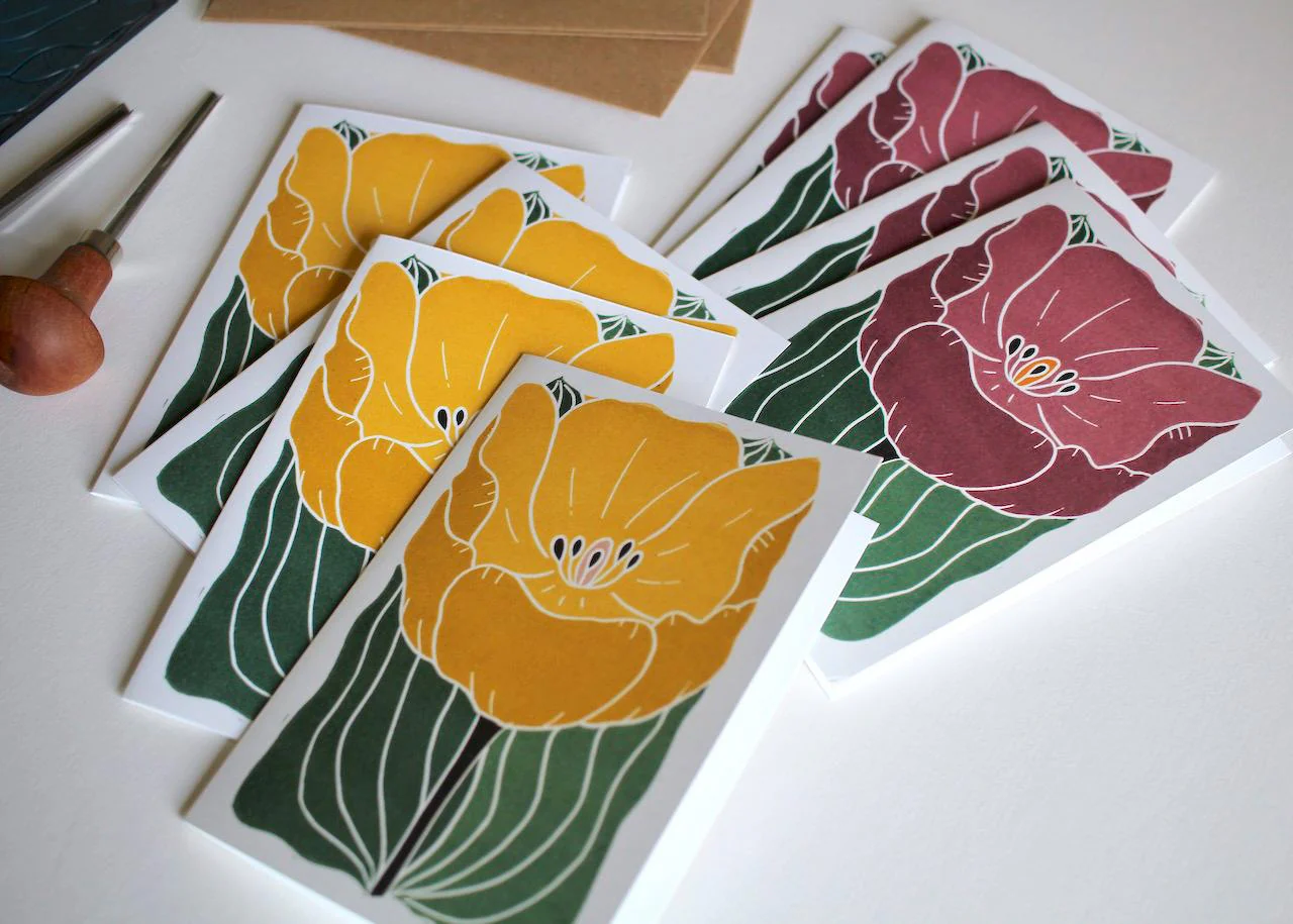 Large Colourful Yellow & Purple Tulip Flower Cards | Set of 8 Notecards & Envelopes - Image 3