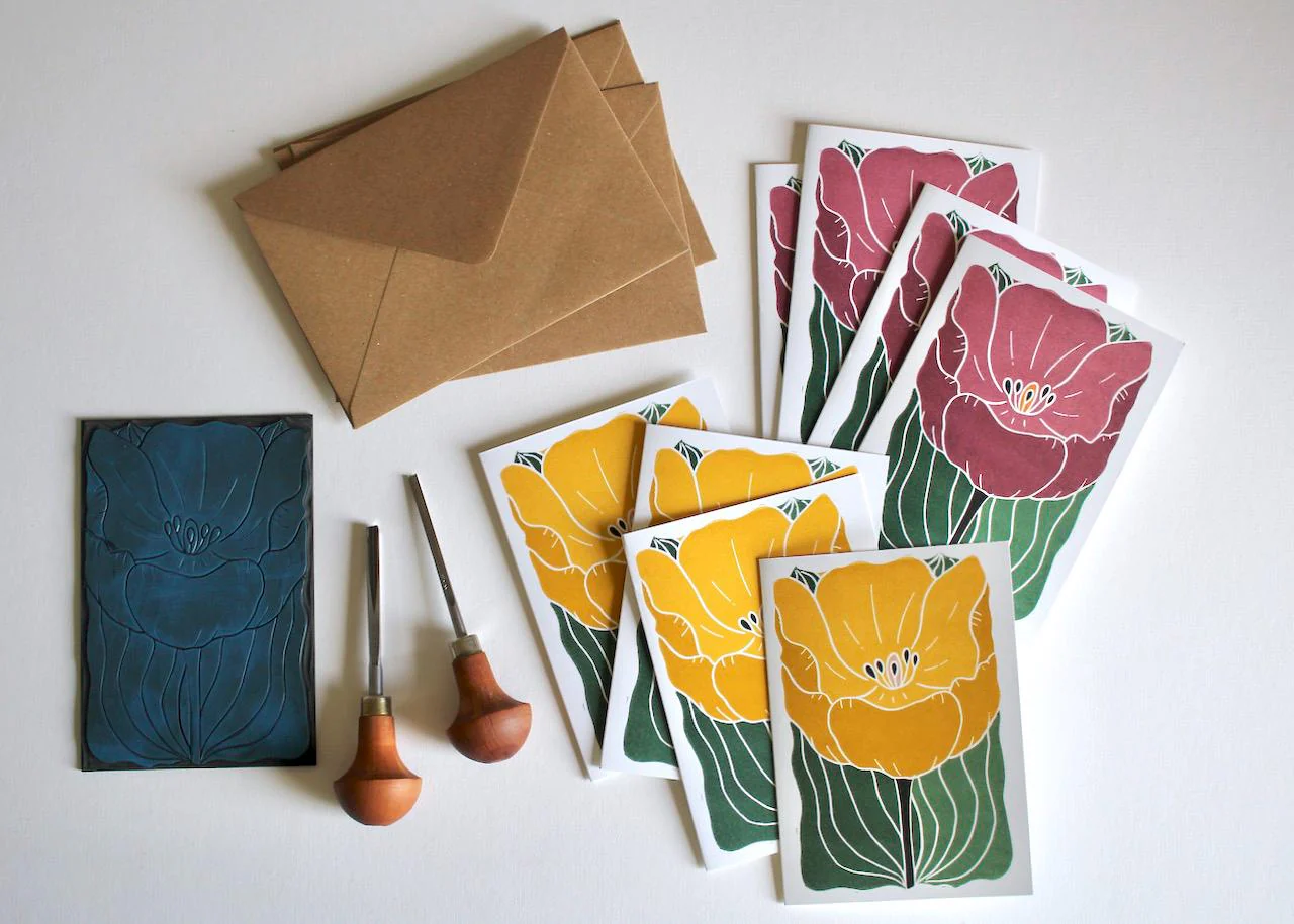 Large Colourful Yellow & Purple Tulip Flower Cards | Set of 8 Notecards & Envelopes - Image 4