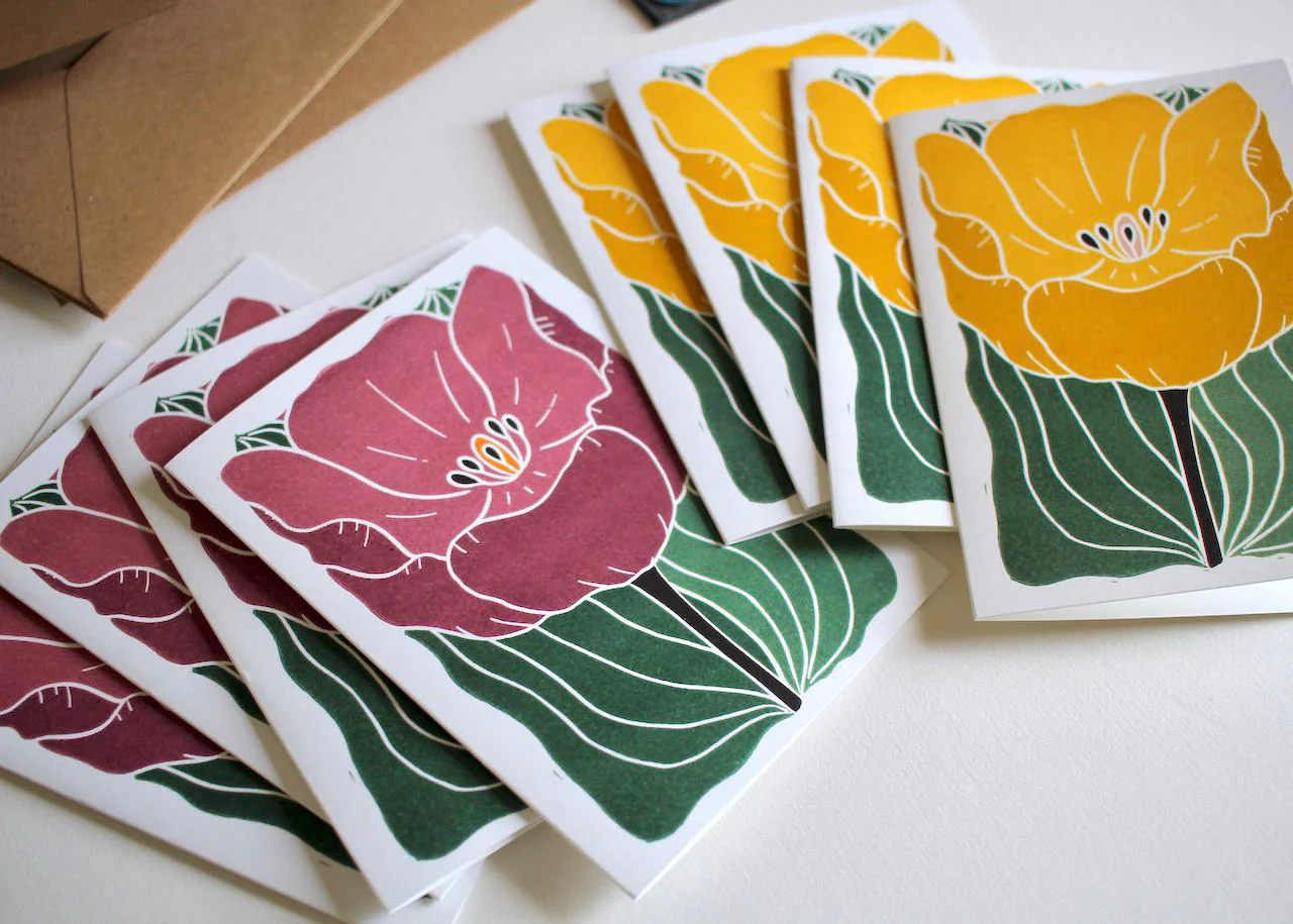 Large Colourful Yellow & Purple Tulip Flower Cards | Set of 8 Notecards & Envelopes - Image 5