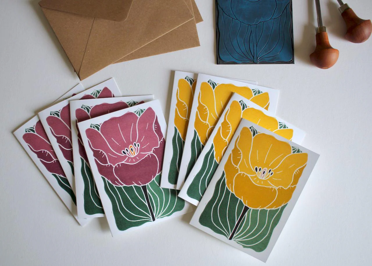 Large Colourful Yellow & Purple Tulip Flower Cards | Set of 8 Notecards & Envelopes - Image 6