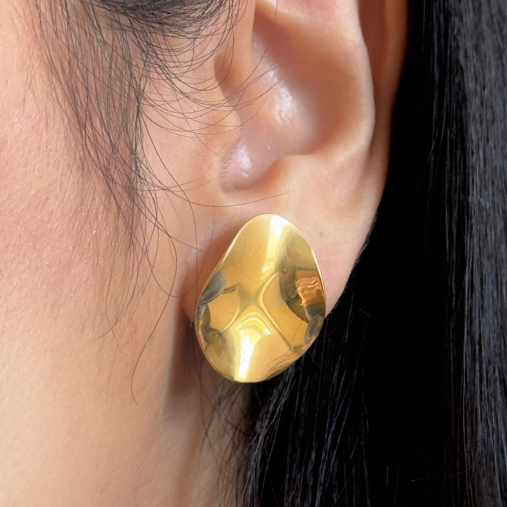 Large Gold Plated Sterling Silver Studs, Organic and Concave in Shape