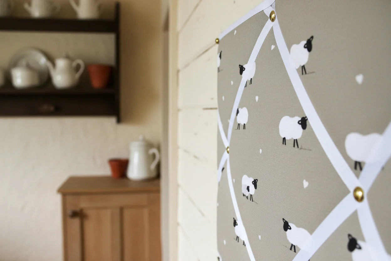 Large Handmade Fabric Noticeboard ~ Sheep in Sage Green