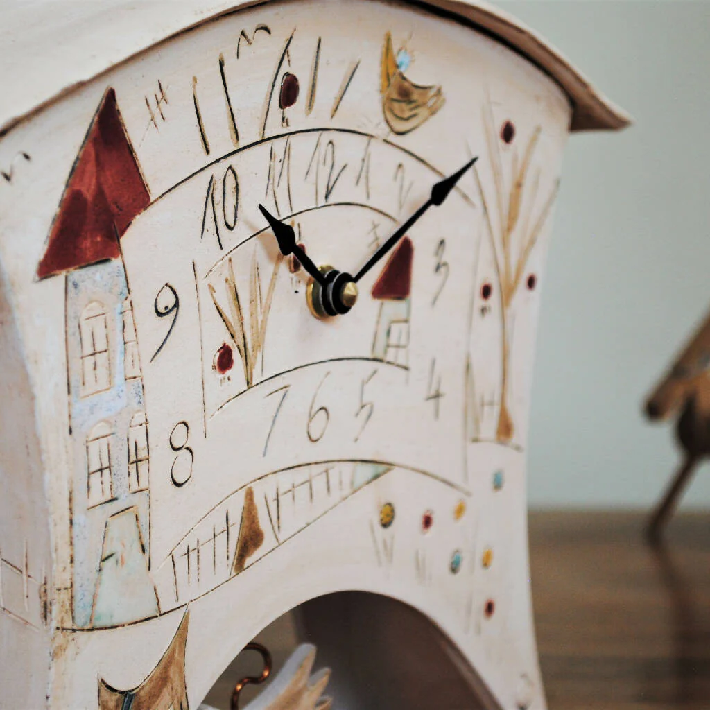 Large Mantel Clock with Pendulum Decorated with Houses, Trees and Birds - Image 2
