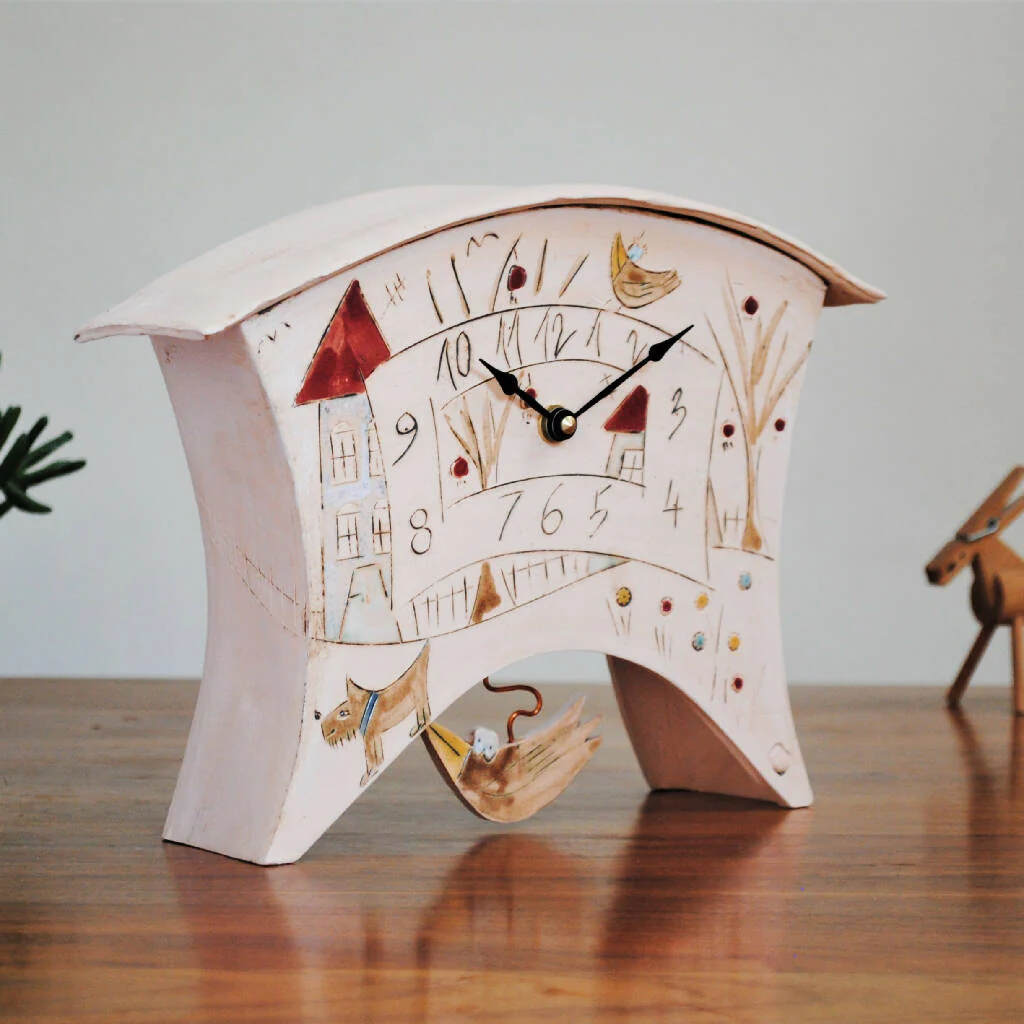 Large Mantel Clock with Pendulum Decorated with Houses, Trees and Birds - Image 3