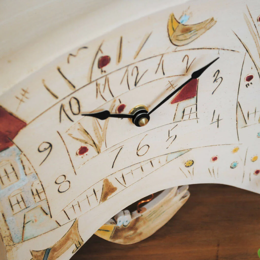 Large Mantel Clock with Pendulum Decorated with Houses, Trees and Birds - Image 4