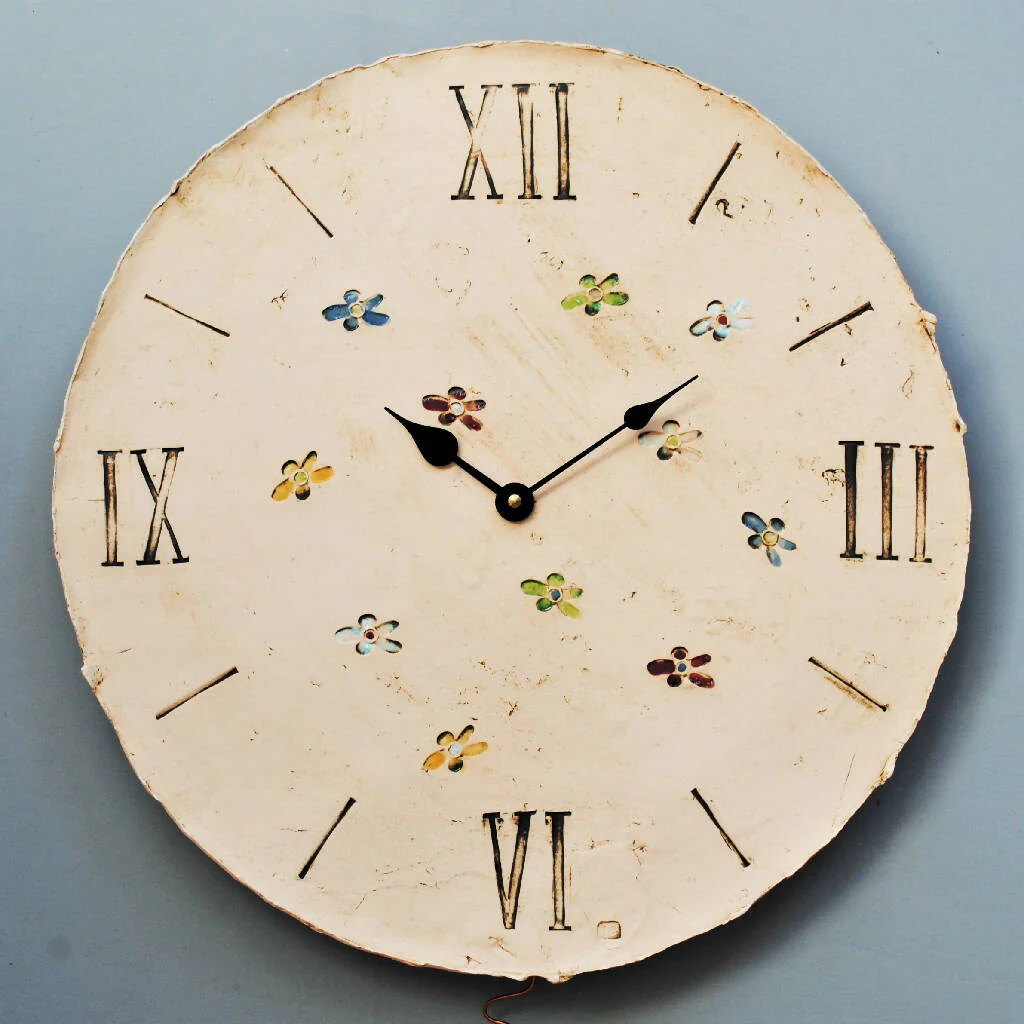 Large Round Cream Wall Clock with Floral Pattern - Image 2