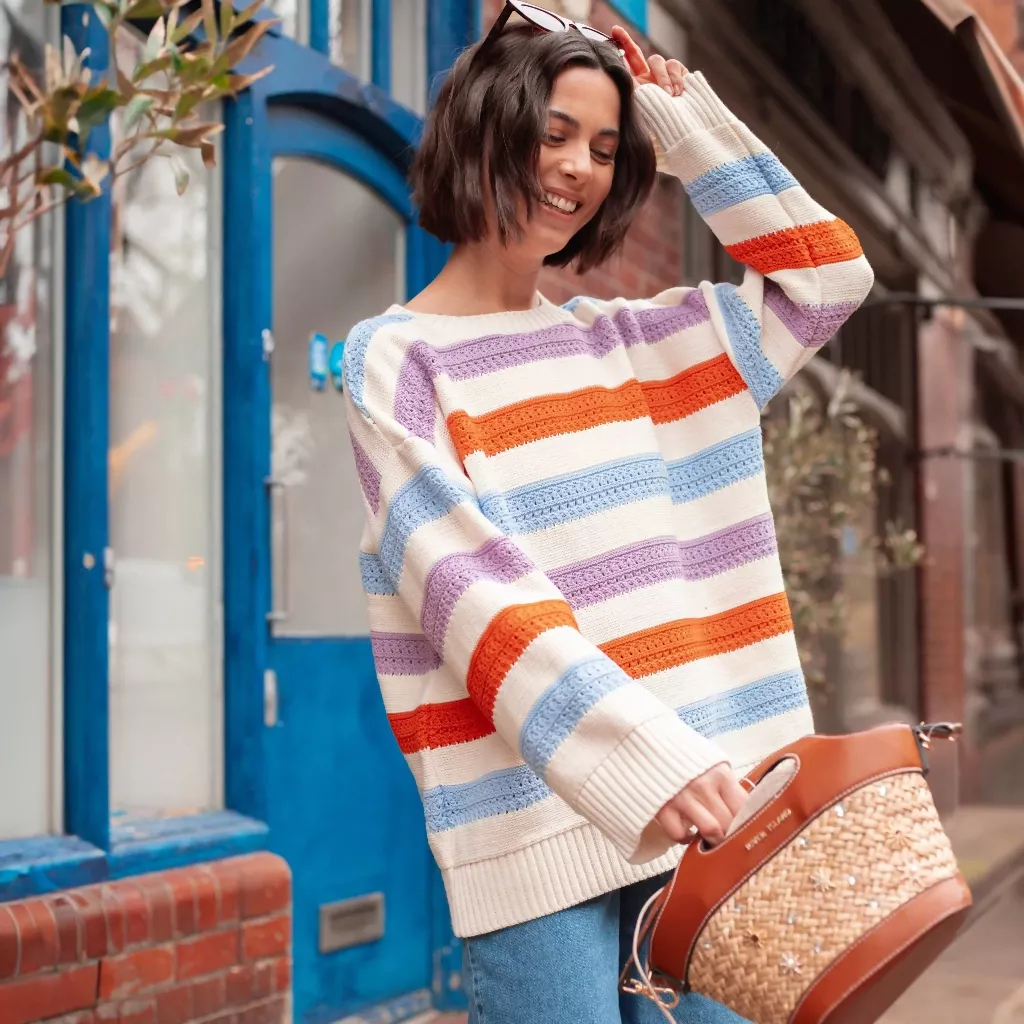 Lauren Rainbow Crochet Stripe Recycled Cotton Blend Jumper - White - Image 2