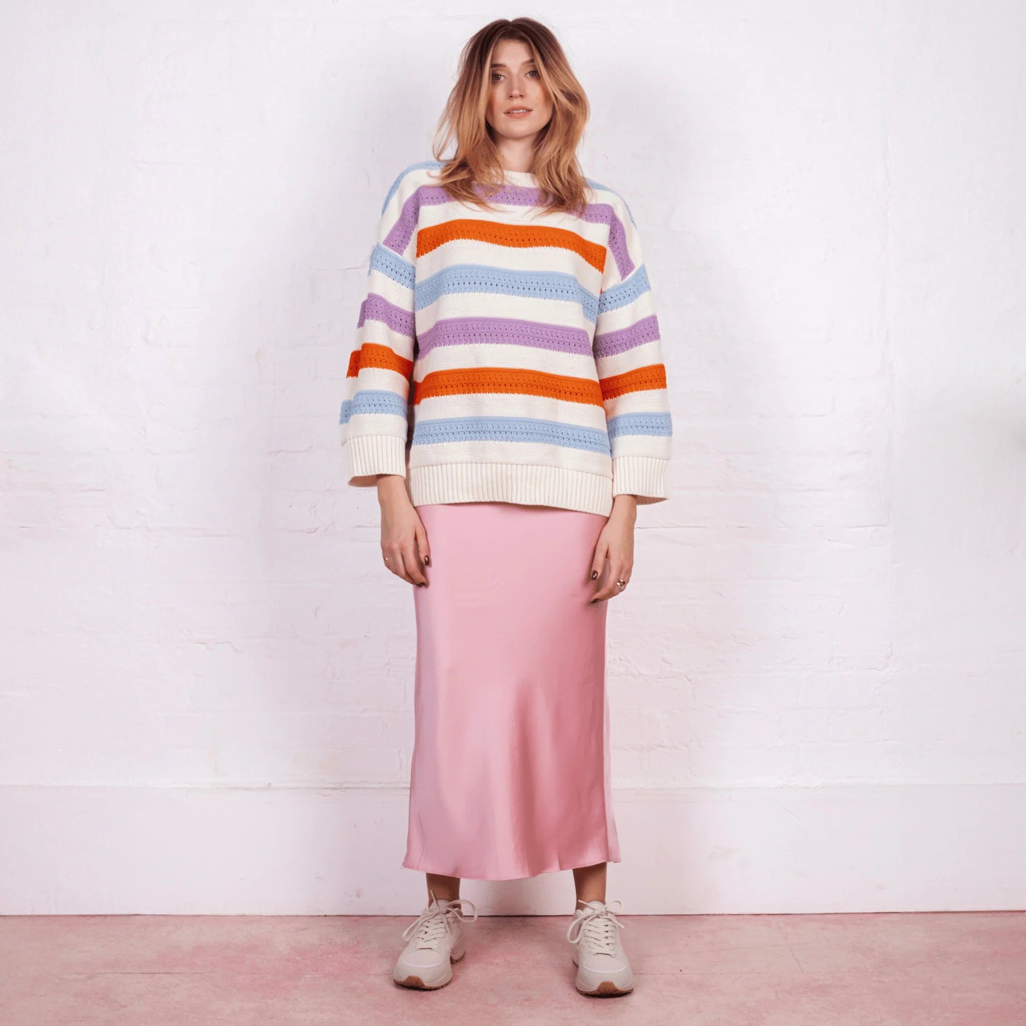 Lauren Rainbow Crochet Stripe Recycled Cotton Blend Jumper - White - Image 3