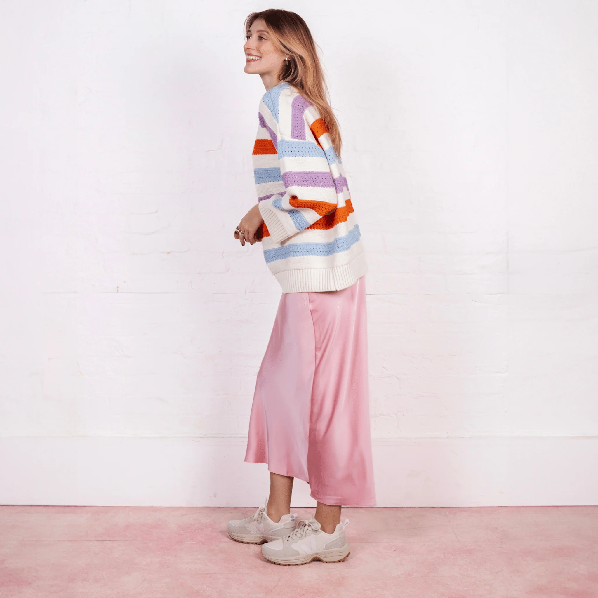 Lauren Rainbow Crochet Stripe Recycled Cotton Blend Jumper - White - Image 4