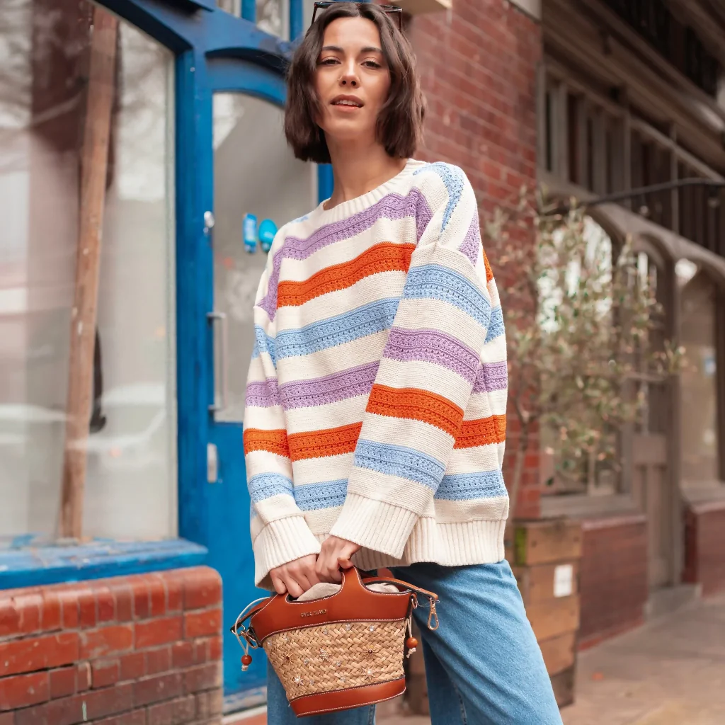 Lauren Rainbow Crochet Stripe Recycled Cotton Blend Jumper - White - Image 5