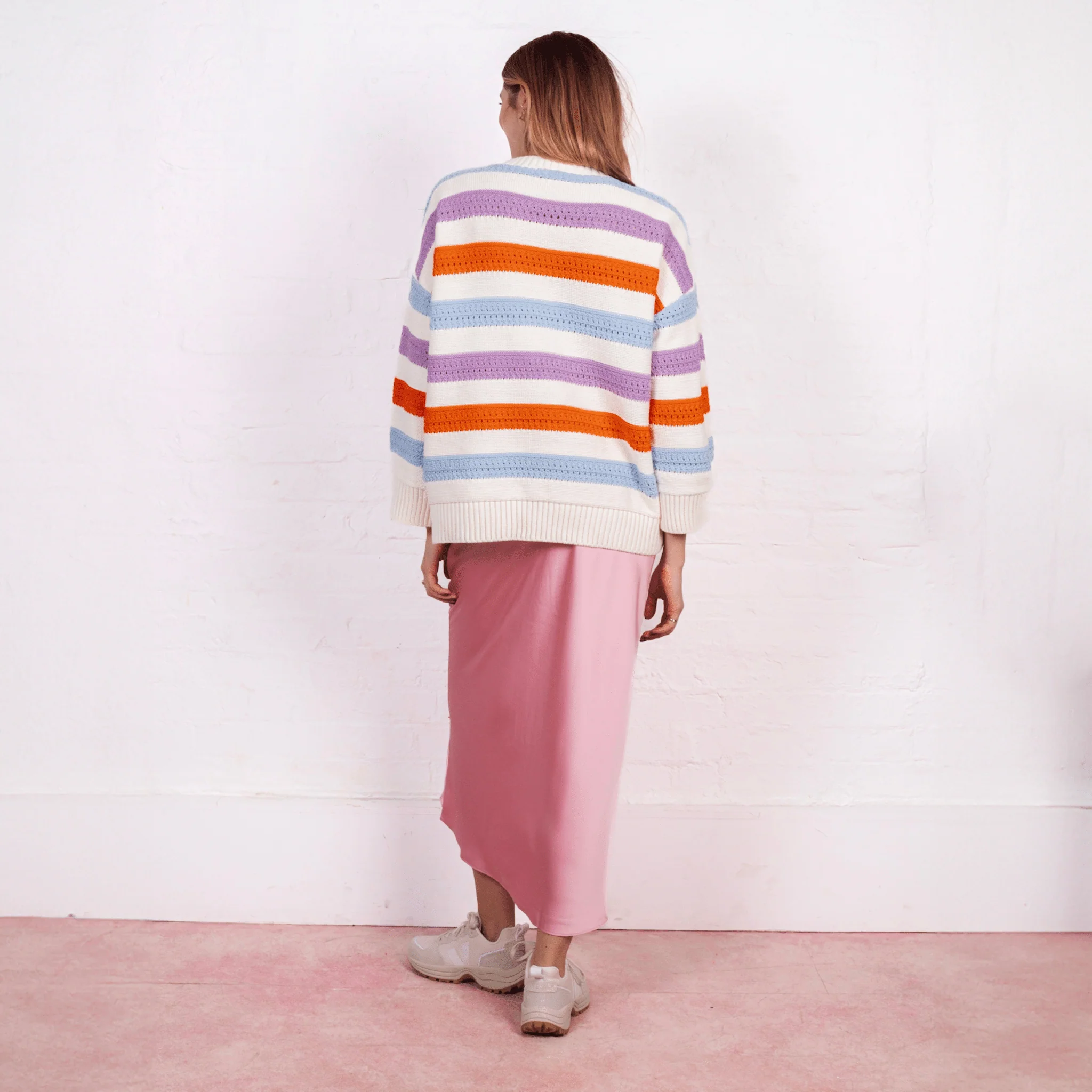 Lauren Rainbow Crochet Stripe Recycled Cotton Blend Jumper - White - Image 6