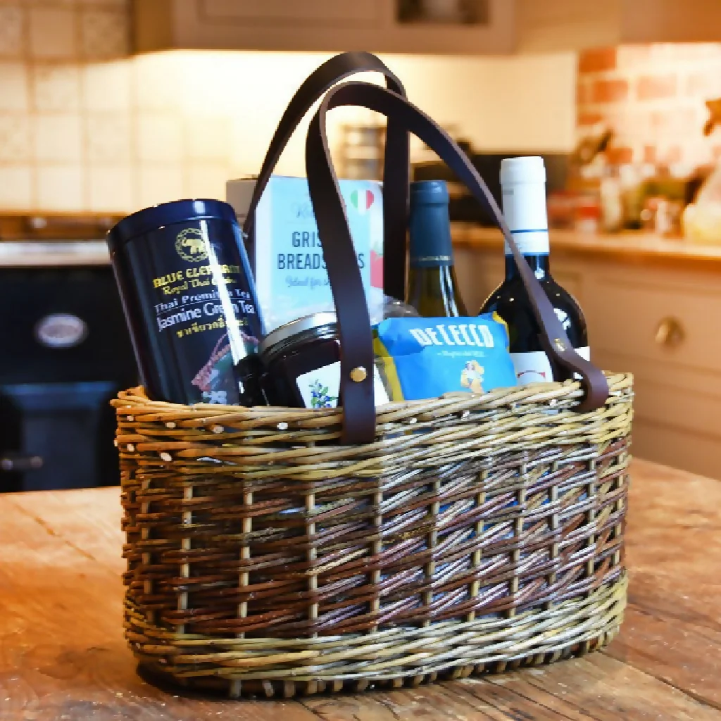 Leather Handled Shopping Basket in Mixed Willow