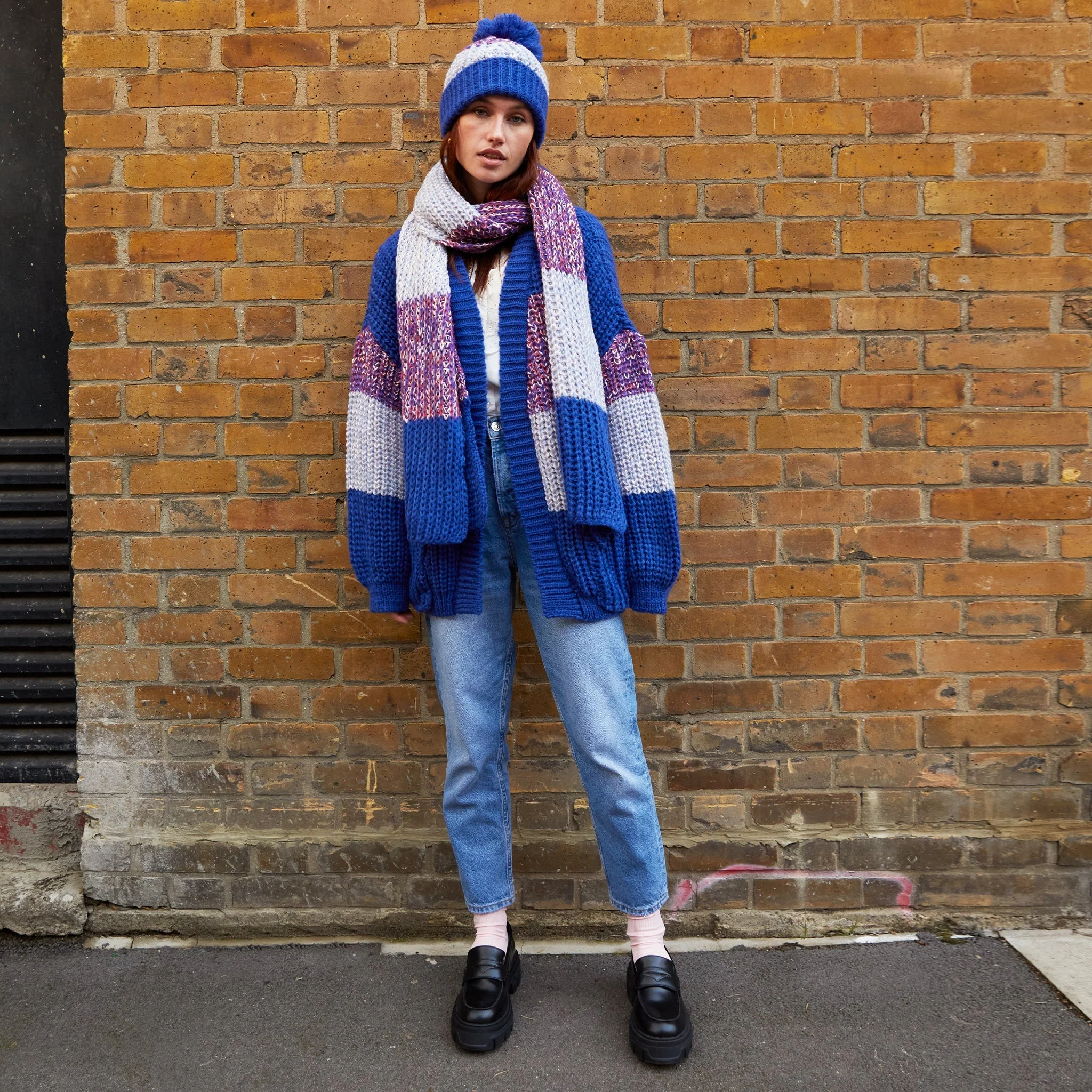 Leia Stripe Oversized chunky Knitted Scarf - Cobalt Blue - Image 3