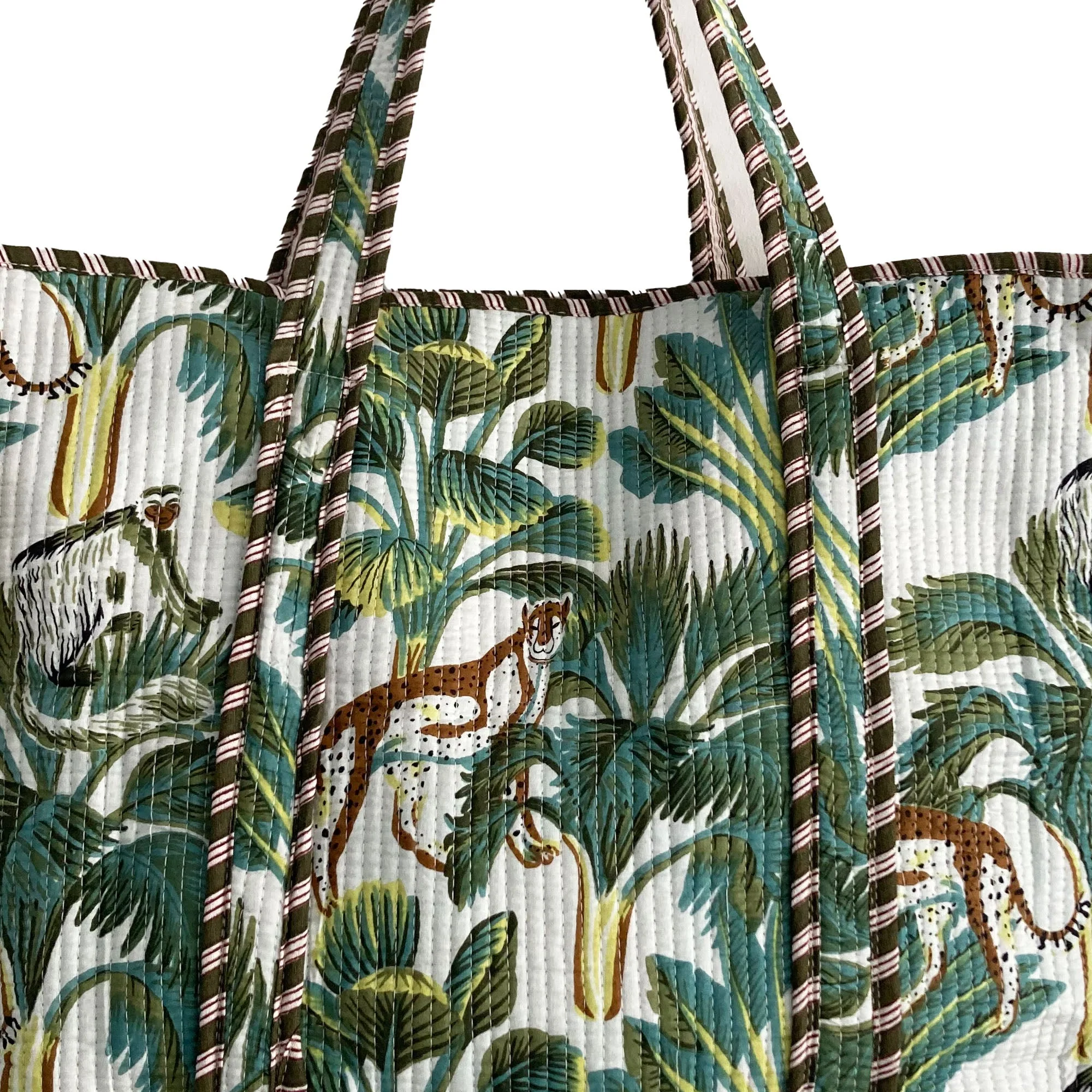 Leopard Print Large Quilted Cotton Tote Shoulder Bag in White - Image 3
