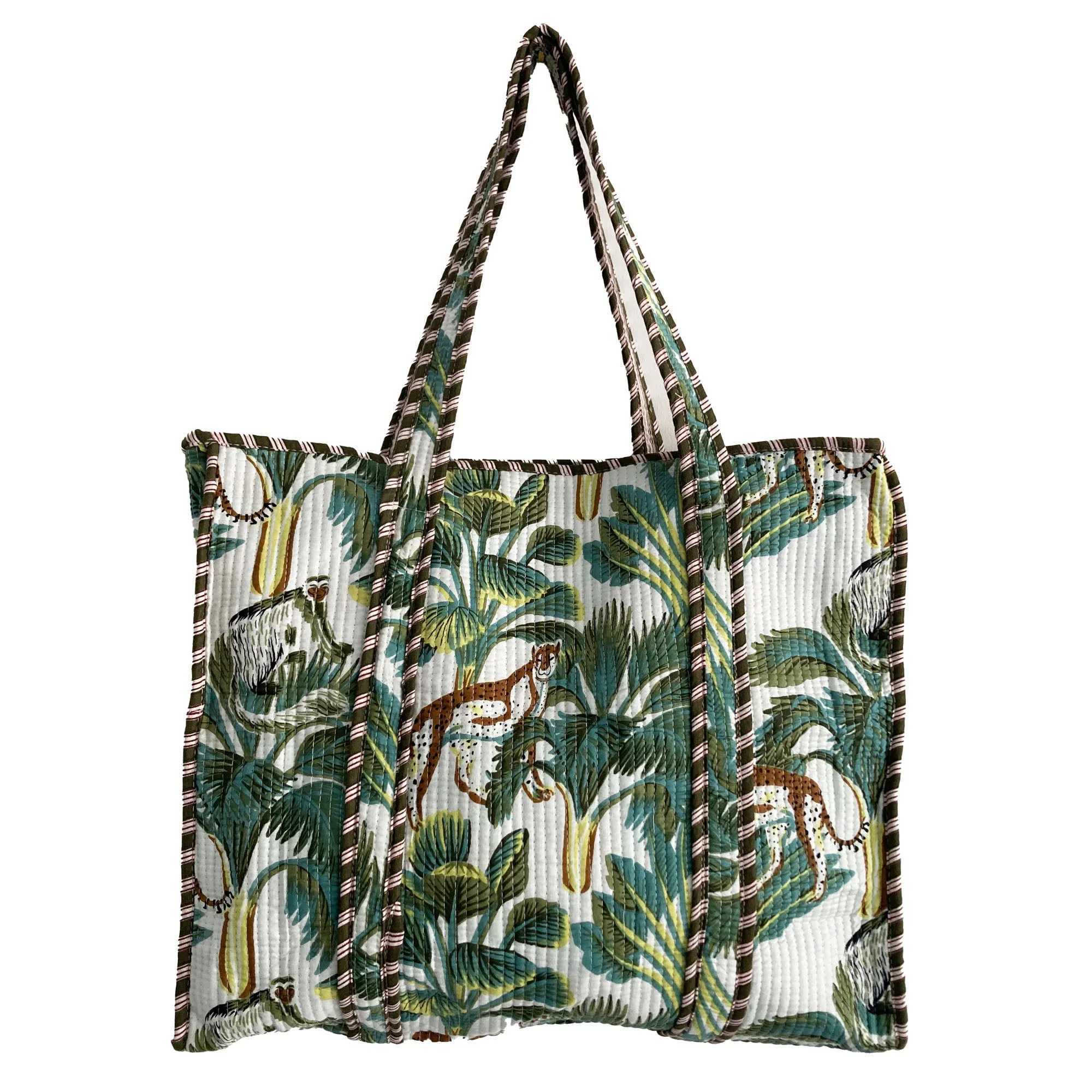 Leopard Print Large Quilted Cotton Tote Shoulder Bag in White - Image 4