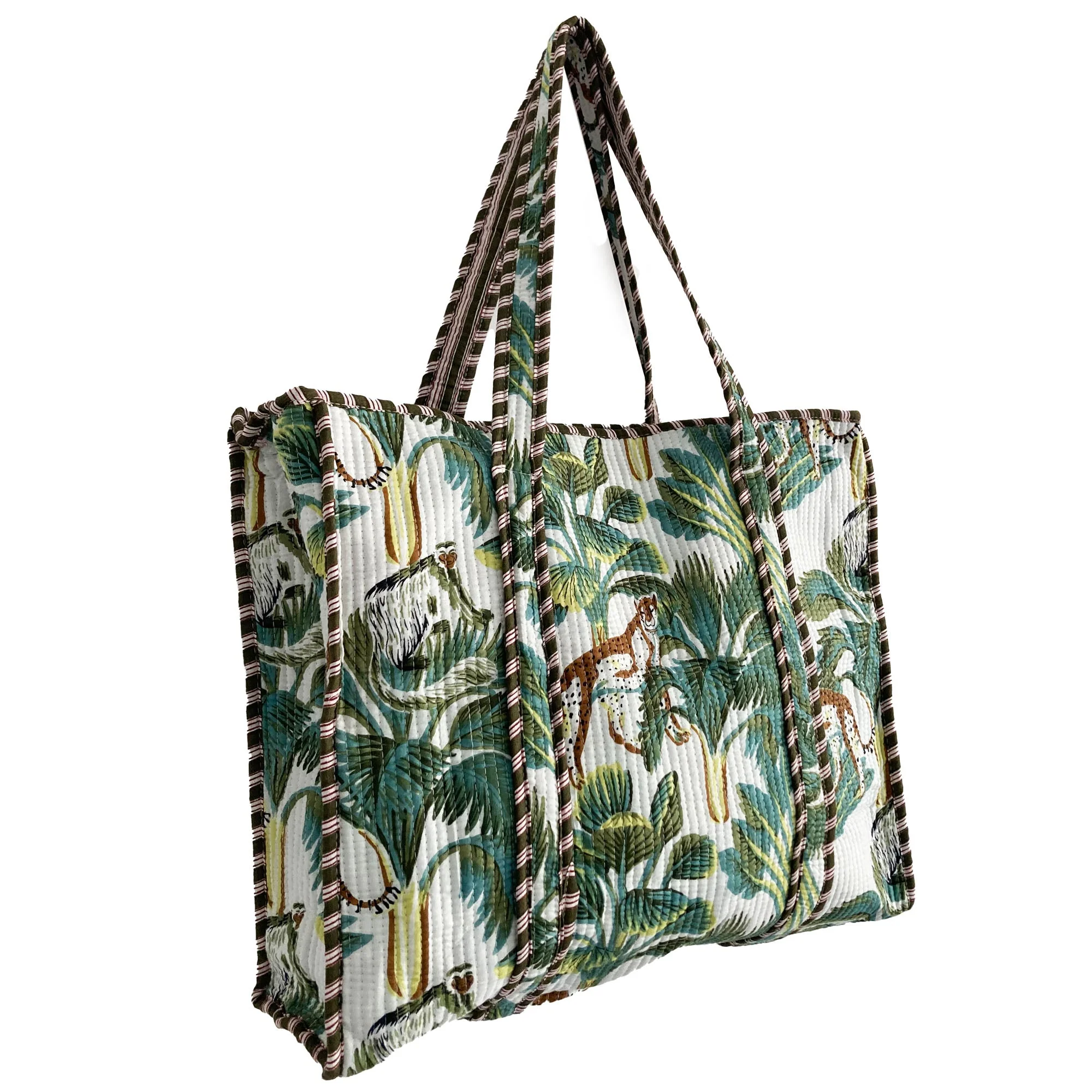 Leopard Print Large Quilted Cotton Tote Shoulder Bag in White - Image 5