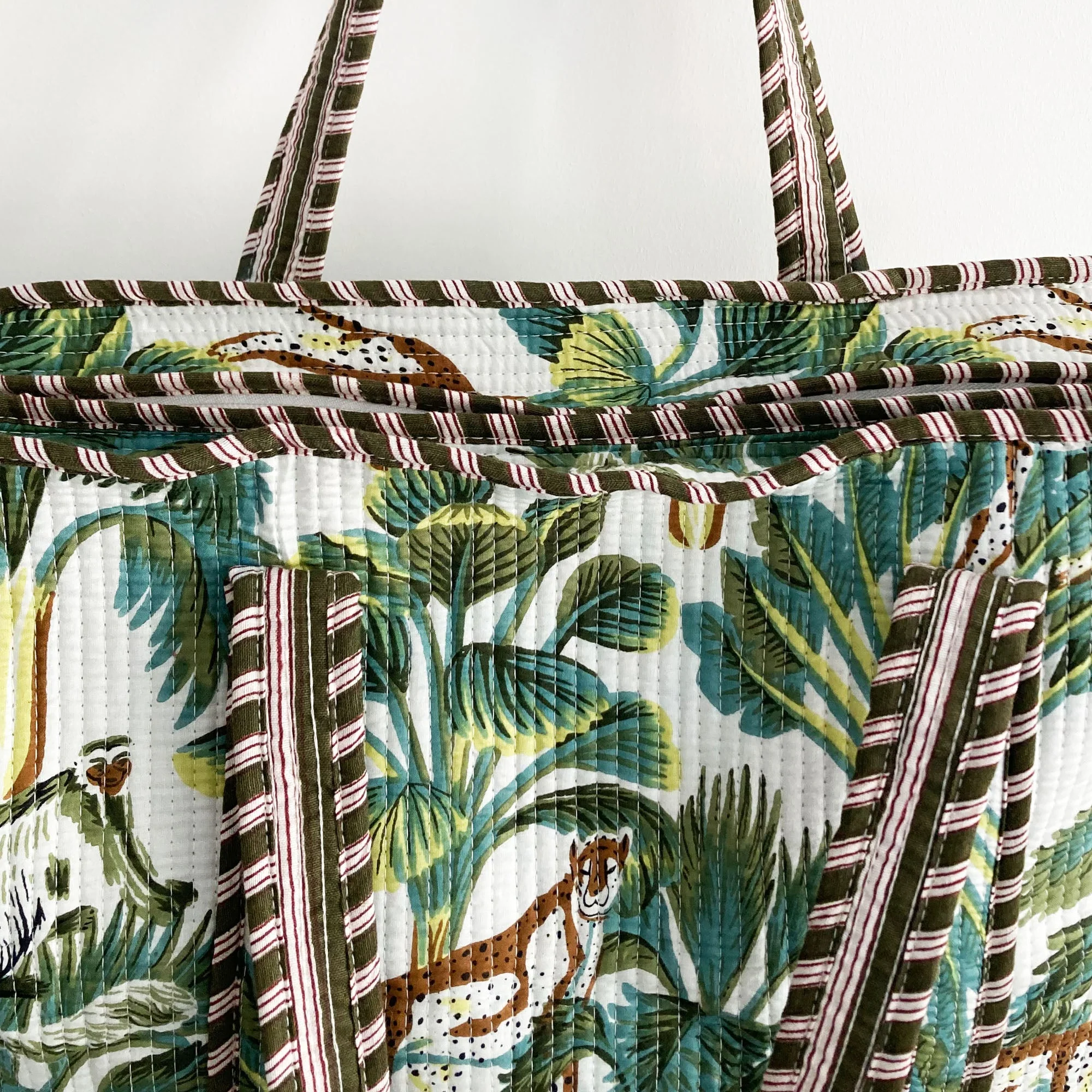 Leopard Print Large Quilted Cotton Tote Shoulder Bag in White - Image 7