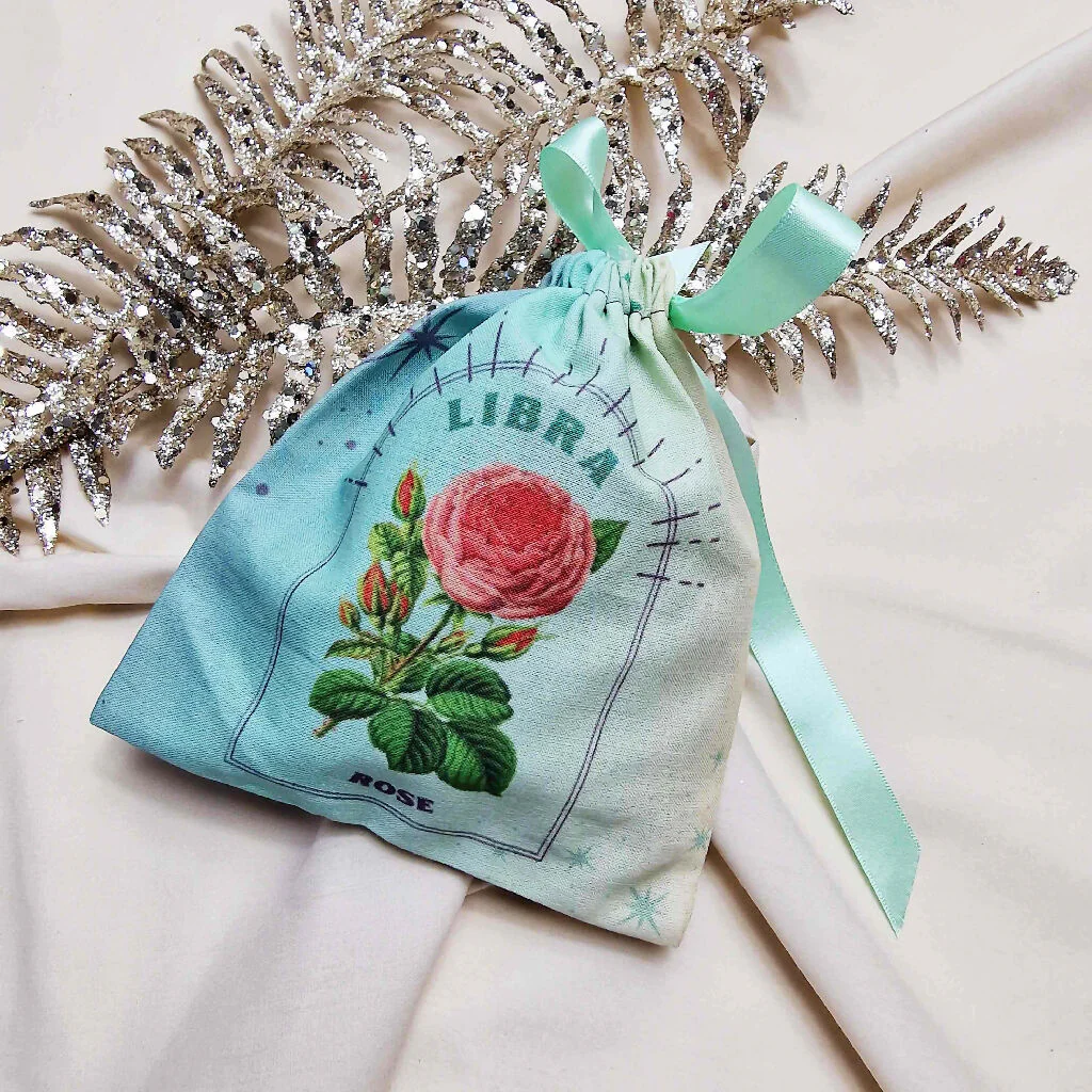 Libra Zodiac Birth Flower Gift Pouch in Green and Purple